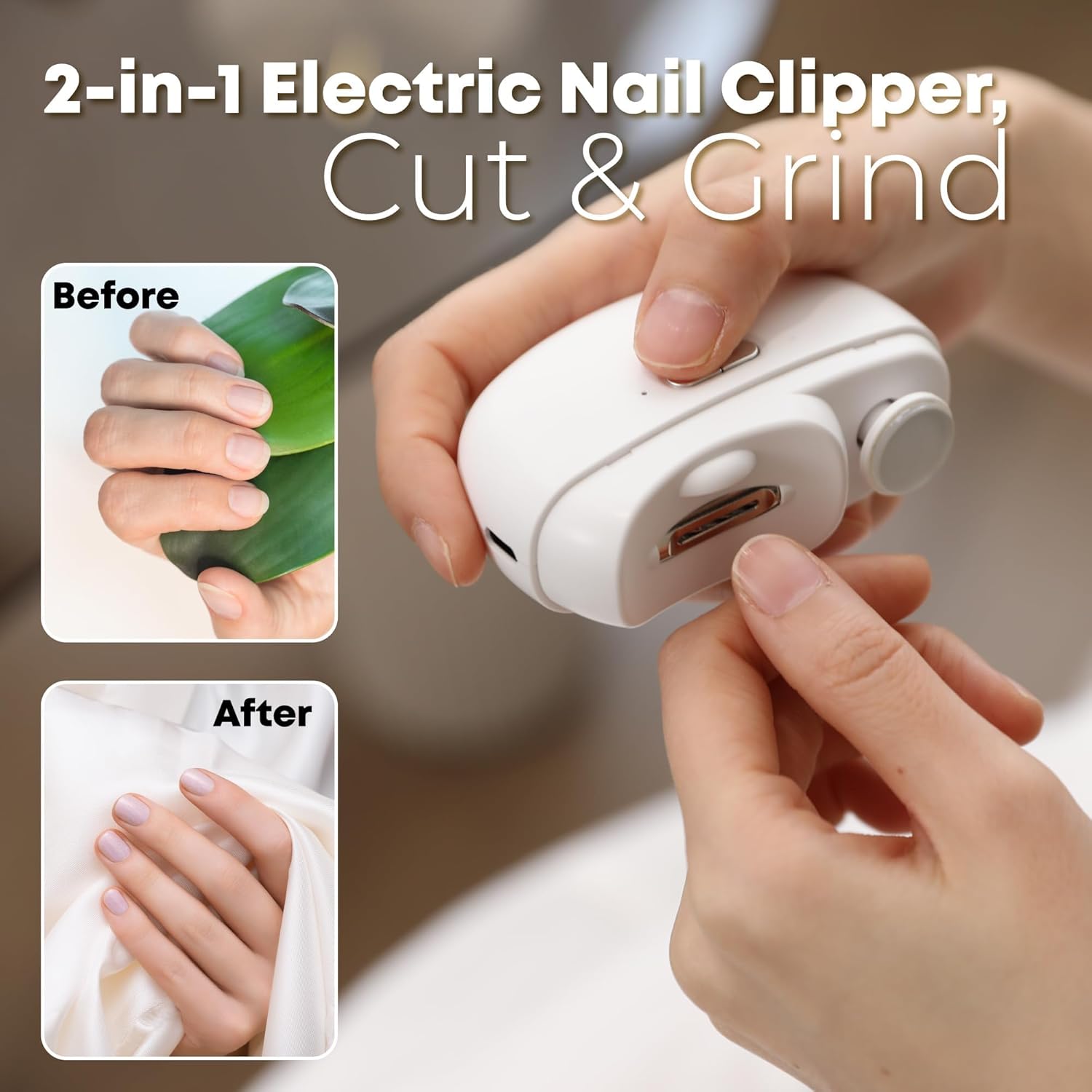 Electric Automatic Nail Clipper - 2 in 1 Auto Fingernail Cutter and Polishing Grinder for Baby Senior Adults - Rechargeable Cordless USB Battery Fingernail Trimmer