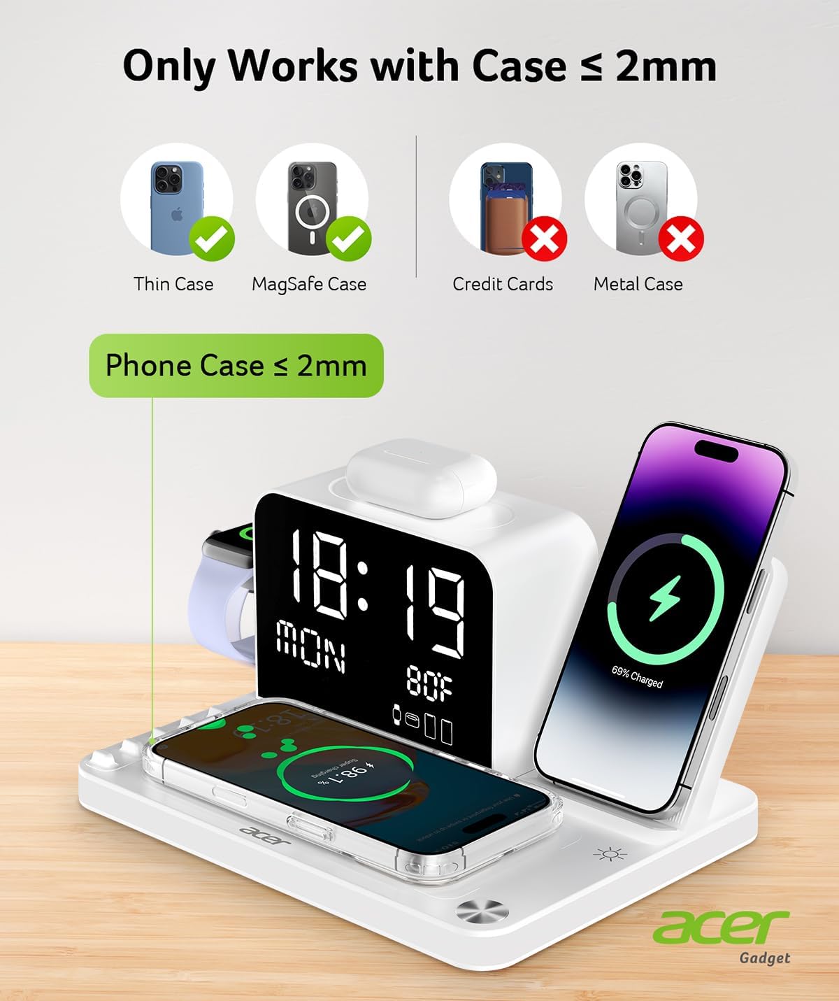 acer 7-in-1 Wireless Charging Station: Charger Stand for Multiple Devices for Apple - iPhone 16 15 14 13 12 Pro Max Apple Watch Airpods, Wireless Charger iPhone Charging Station with Bluetooth TimeSyn
