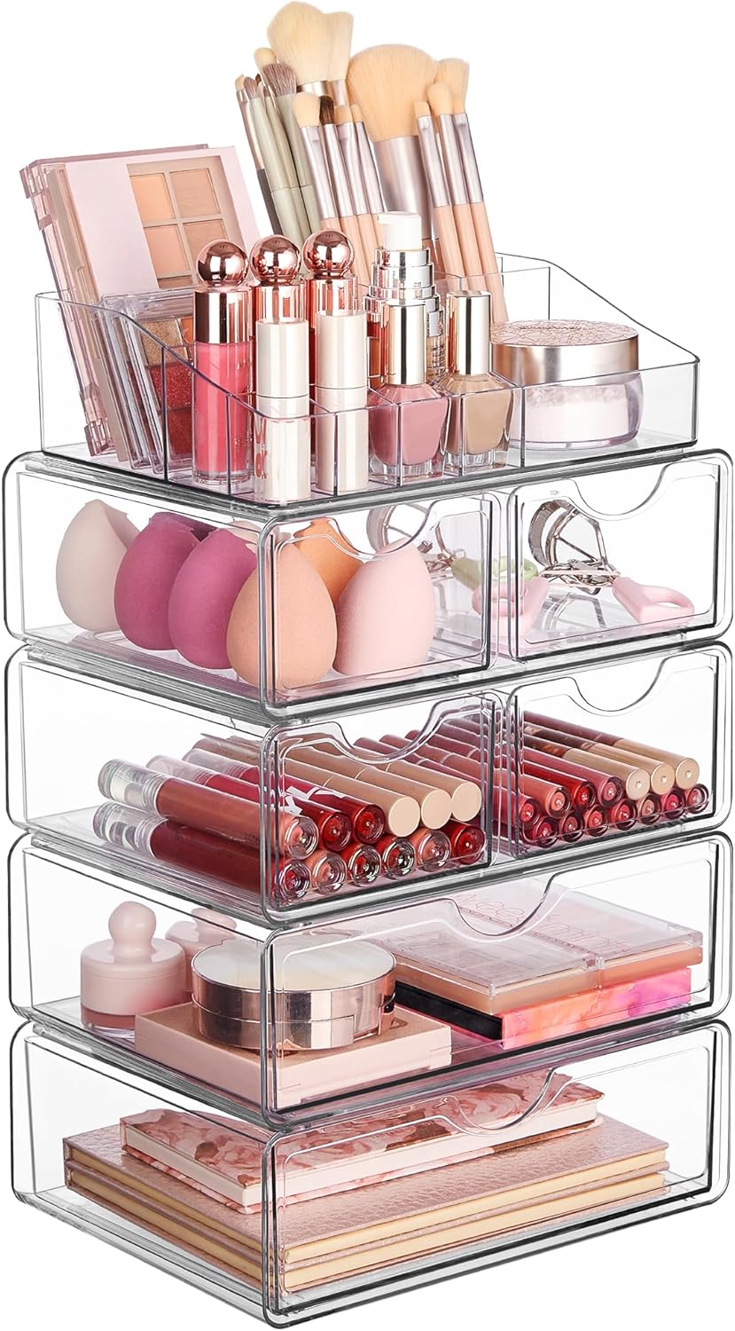 Vtopmart 3 Tier Clear Makeup Organizer with Drawer, Cosmetic Storage for Dresser Countertop and Bathroom Vanity, Beauty Holder for Lipstick Brush Skincare
