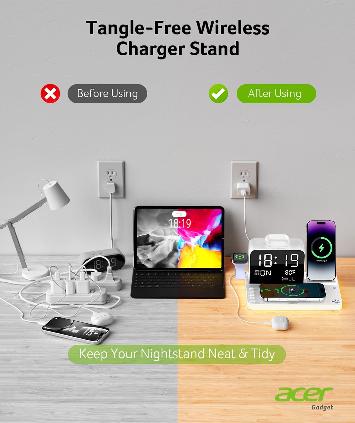 acer 7-in-1 Wireless Charging Station: Charger Stand for Multiple Devices for Apple - iPhone 16 15 14 13 12 Pro Max Apple Watch Airpods, Wireless Charger iPhone Charging Station with Bluetooth TimeSyn