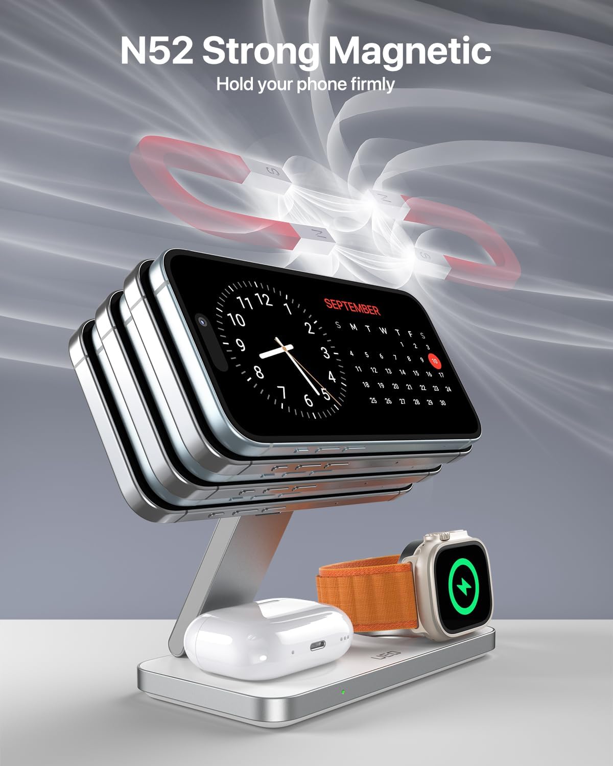 UEQ Foldable 3 in 1 Wireless Charging Station for Apple Magsafe Charger Stand,Fast Magnetic Wireless Charger Station for iPhone 17 Air 16 15 14 13 12 Series,Airpods Pro,Apple Watch Ultra (Pure Black)