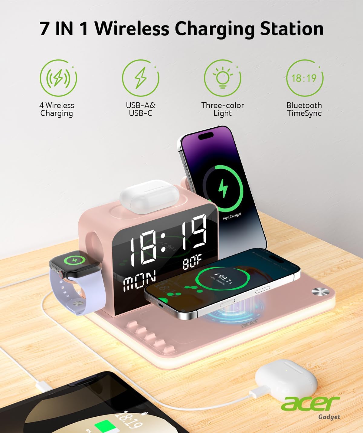 acer 7-in-1 Wireless Charging Station: Charger Stand for Multiple Devices for Apple - iPhone 16 15 14 13 12 Pro Max Apple Watch Airpods, Wireless Charger iPhone Charging Station with Bluetooth TimeSyn