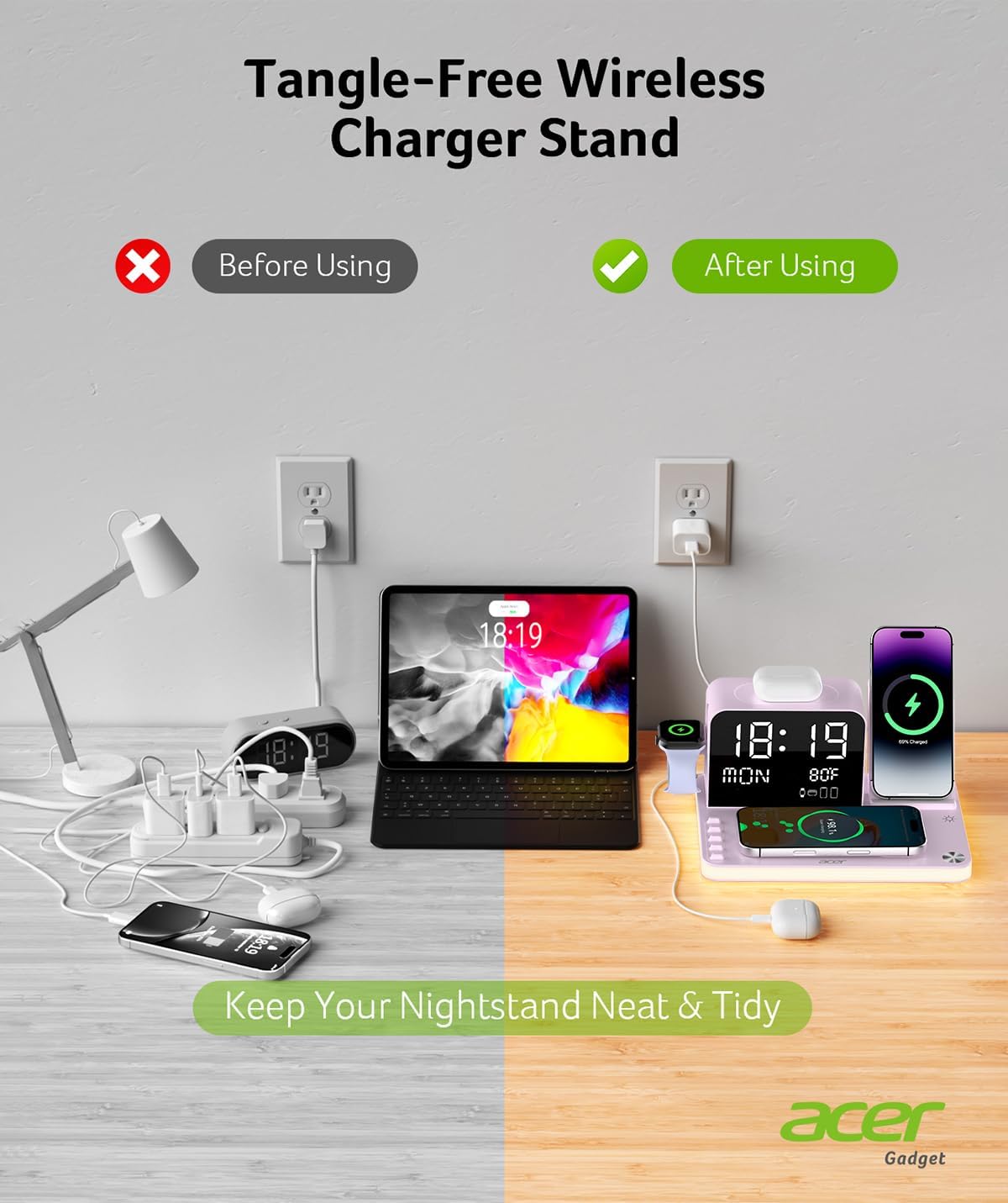 acer 7-in-1 Wireless Charging Station: Charger Stand for Multiple Devices for Apple - iPhone 16 15 14 13 12 Pro Max Apple Watch Airpods, Wireless Charger iPhone Charging Station with Bluetooth TimeSyn