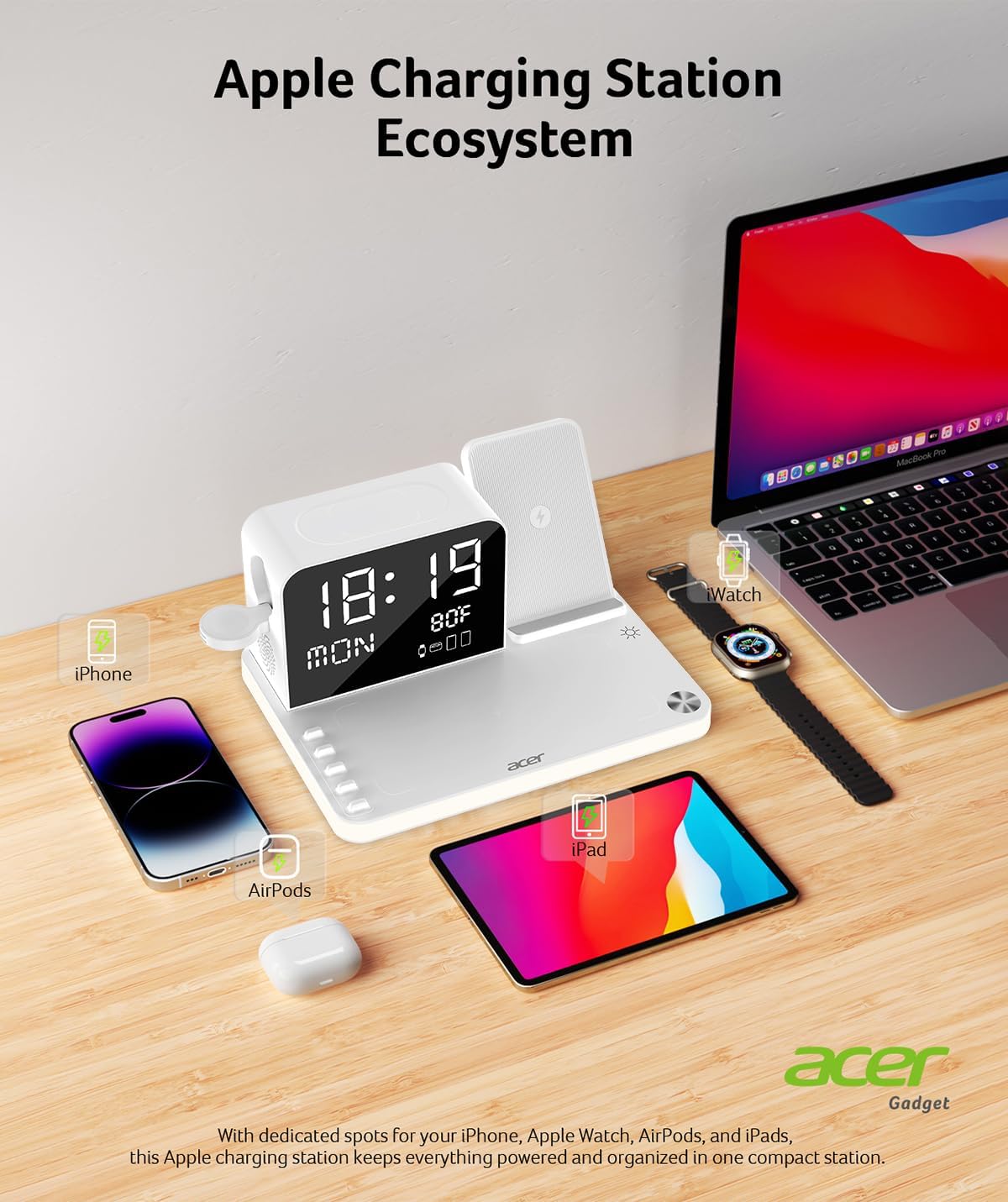 acer 7-in-1 Wireless Charging Station: Charger Stand for Multiple Devices for Apple - iPhone 16 15 14 13 12 Pro Max Apple Watch Airpods, Wireless Charger iPhone Charging Station with Bluetooth TimeSyn