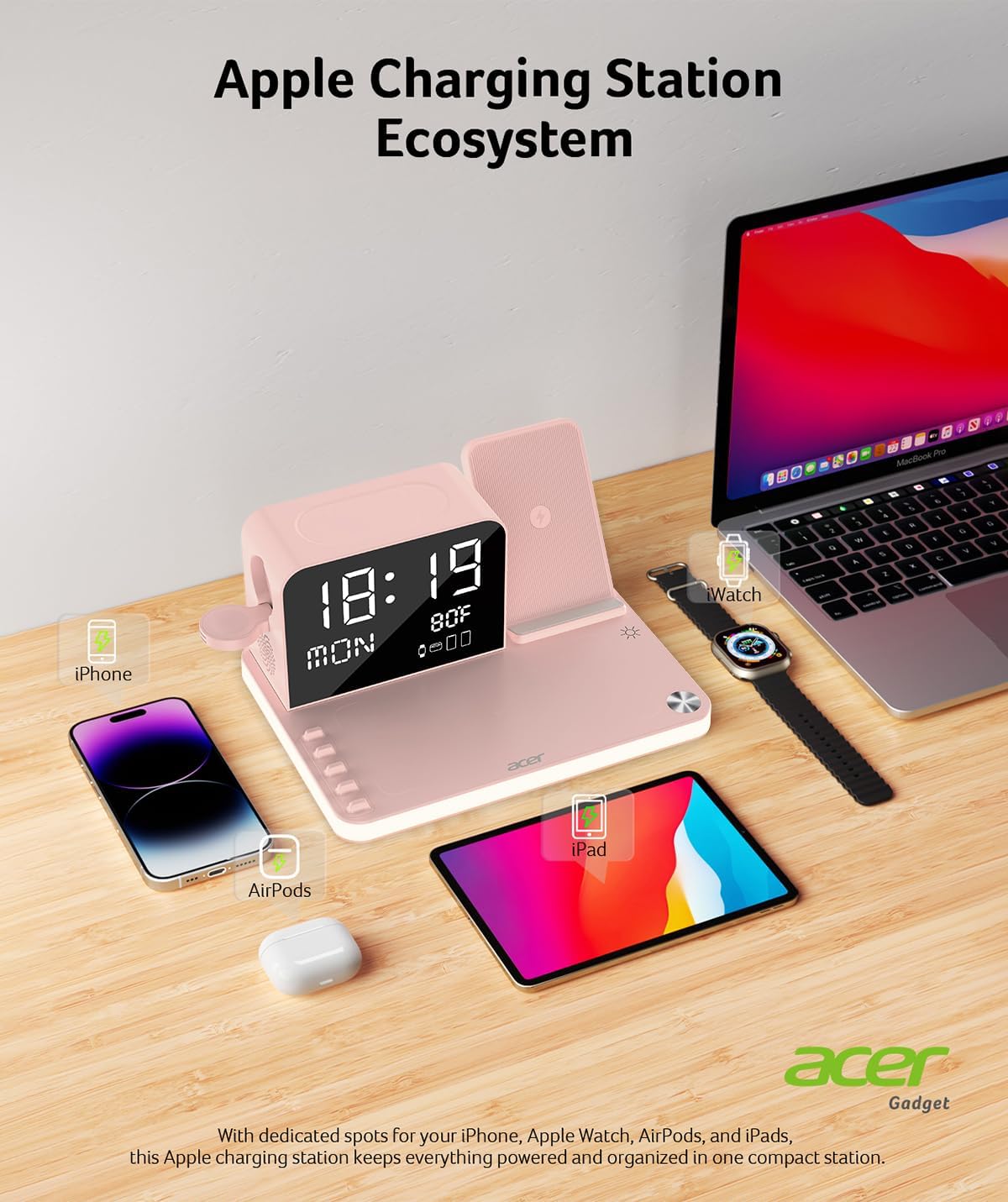 acer 7-in-1 Wireless Charging Station: Charger Stand for Multiple Devices for Apple - iPhone 16 15 14 13 12 Pro Max Apple Watch Airpods, Wireless Charger iPhone Charging Station with Bluetooth TimeSyn