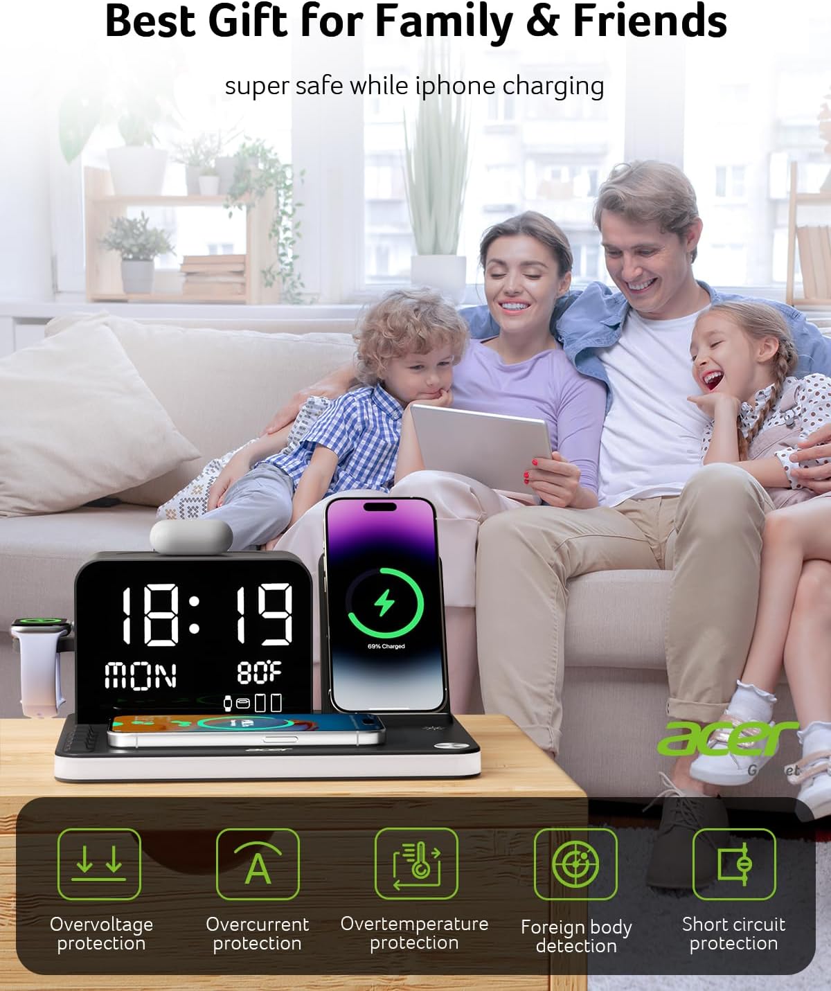 acer 7-in-1 Wireless Charging Station: Charger Stand for Multiple Devices for Apple - iPhone 16 15 14 13 12 Pro Max Apple Watch Airpods, Wireless Charger iPhone Charging Station with Bluetooth TimeSyn