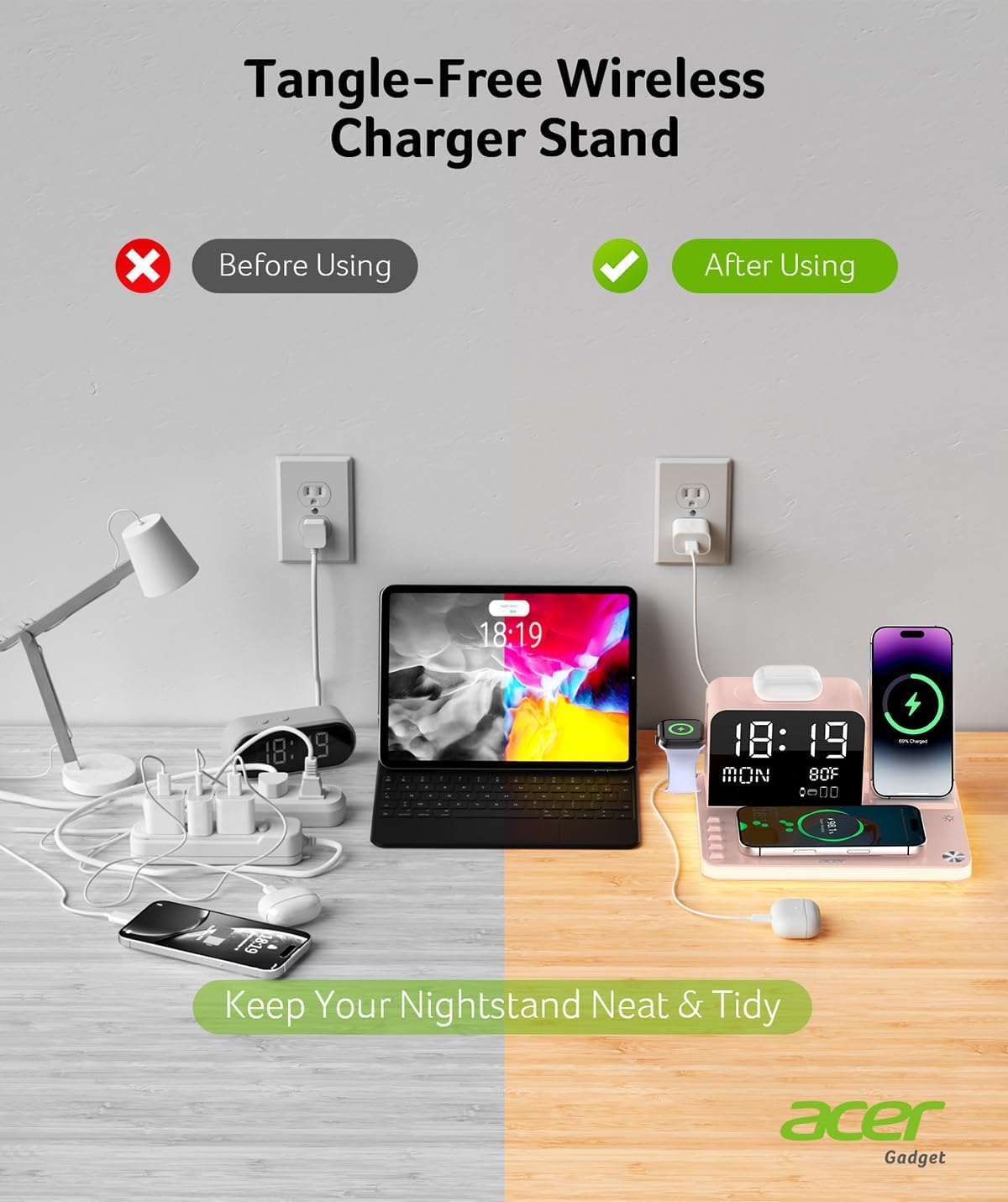 acer 7-in-1 Wireless Charging Station: Charger Stand for Multiple Devices for Apple - iPhone 16 15 14 13 12 Pro Max Apple Watch Airpods, Wireless Charger iPhone Charging Station with Bluetooth TimeSyn