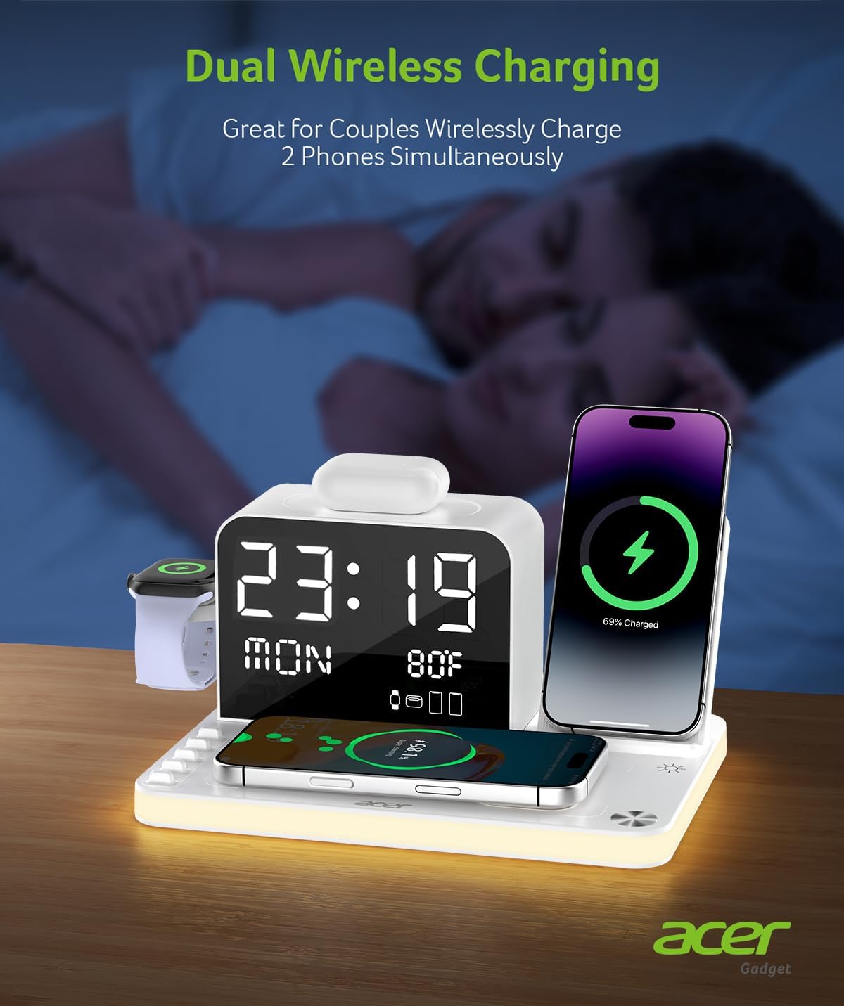 acer 7-in-1 Wireless Charging Station: Charger Stand for Multiple Devices for Apple - iPhone 16 15 14 13 12 Pro Max Apple Watch Airpods, Wireless Charger iPhone Charging Station with Bluetooth TimeSyn