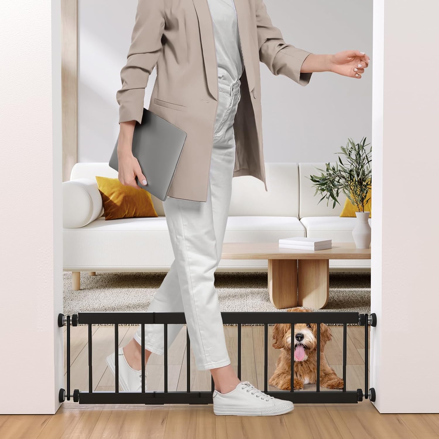 Fldofaves Dog Gate - 18-45 Adjustable Extra Wide Metal Baby Gate to Step Over, 10 Tall Small Pet Gate with 3 Extension Kits, Pressure Mounted for Doorways & Stairs