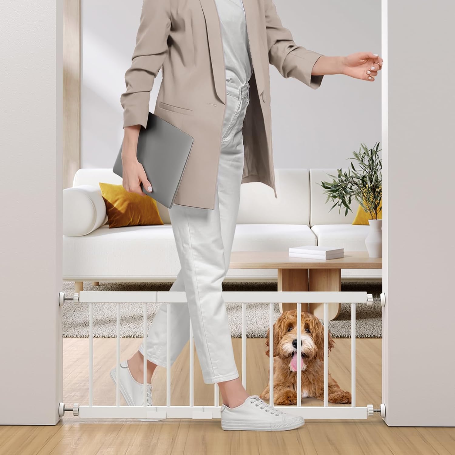 Fldofaves Dog Gate - 18-45 Adjustable Extra Wide Metal Baby Gate to Step Over, 10 Tall Small Pet Gate with 3 Extension Kits, Pressure Mounted for Doorways & Stairs