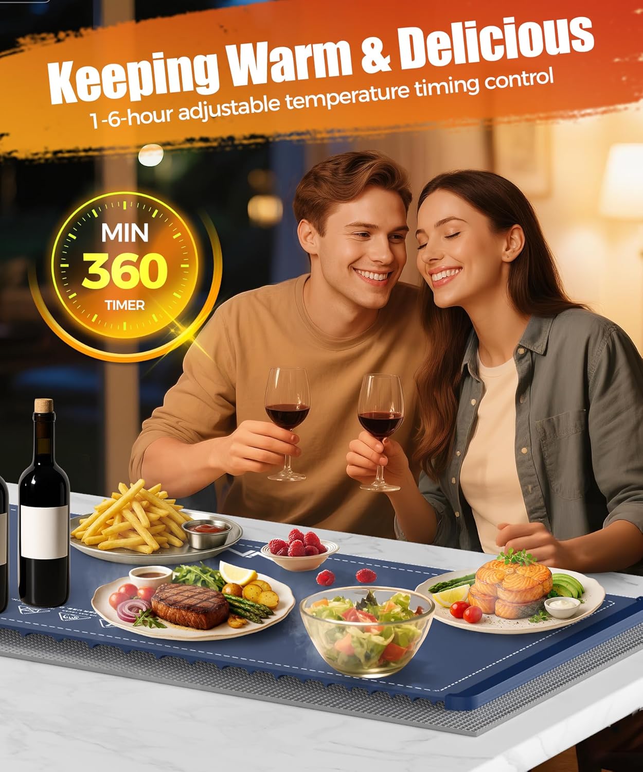 Extra Large Food Warming Mat with Heat-Resistant Pad, 36X15 Inch, 6 Temperature & 6 Timer Settings, Child Lock Safety, Fits More Dishes for Family Dinners and Parties