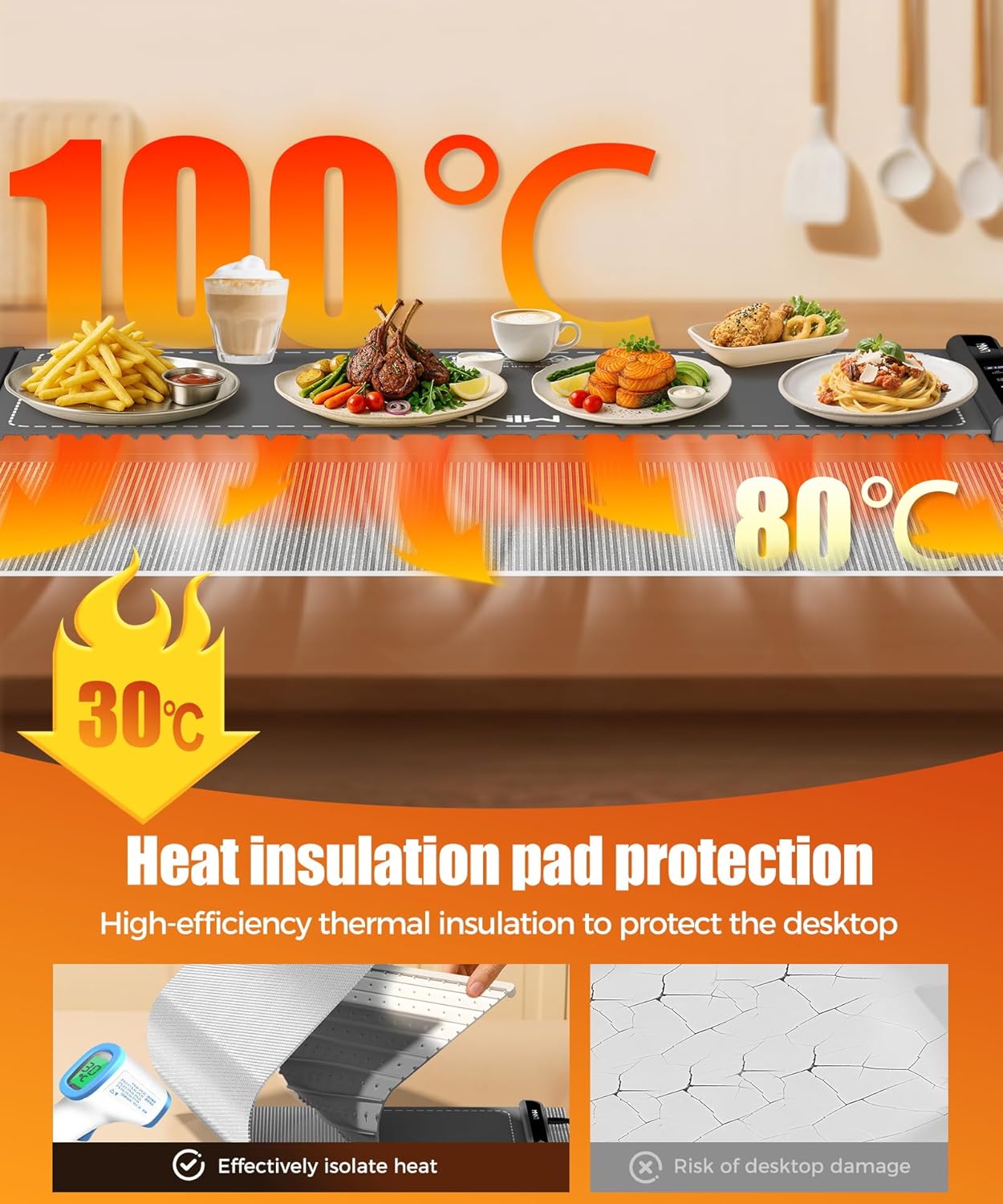 Extra Large Food Warming Mat with Heat-Resistant Pad, 36X15 Inch, 6 Temperature & 6 Timer Settings, Child Lock Safety, Fits More Dishes for Family Dinners and Parties
