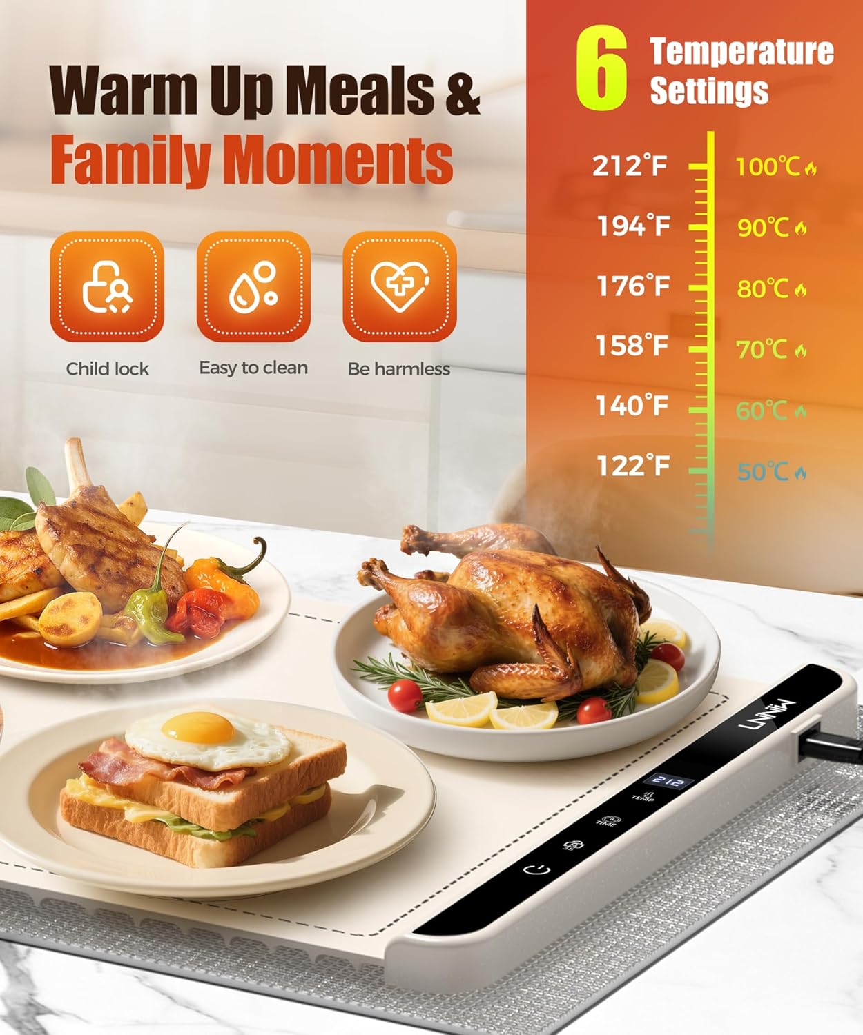 Extra Large Food Warming Mat with Heat-Resistant Pad, 36X15 Inch, 6 Temperature & 6 Timer Settings, Child Lock Safety, Fits More Dishes for Family Dinners and Parties