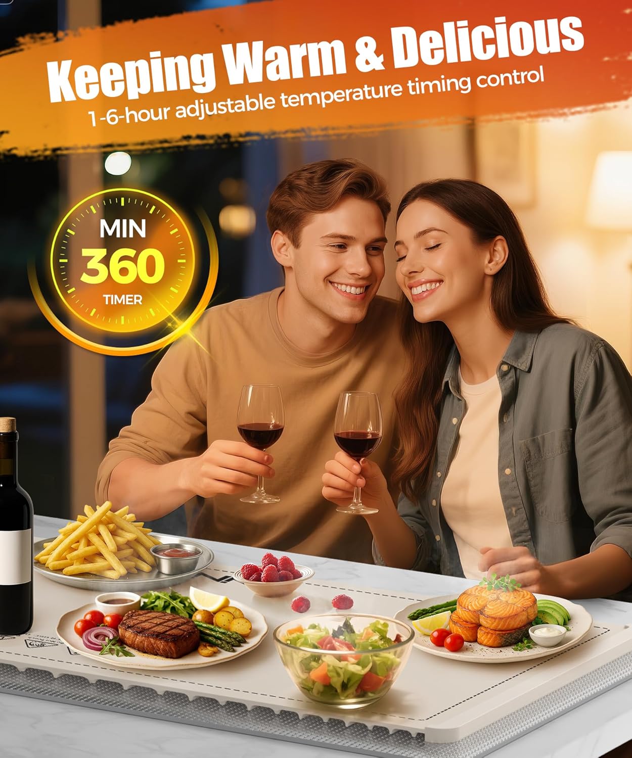 Extra Large Food Warming Mat with Heat-Resistant Pad, 36X15 Inch, 6 Temperature & 6 Timer Settings, Child Lock Safety, Fits More Dishes for Family Dinners and Parties