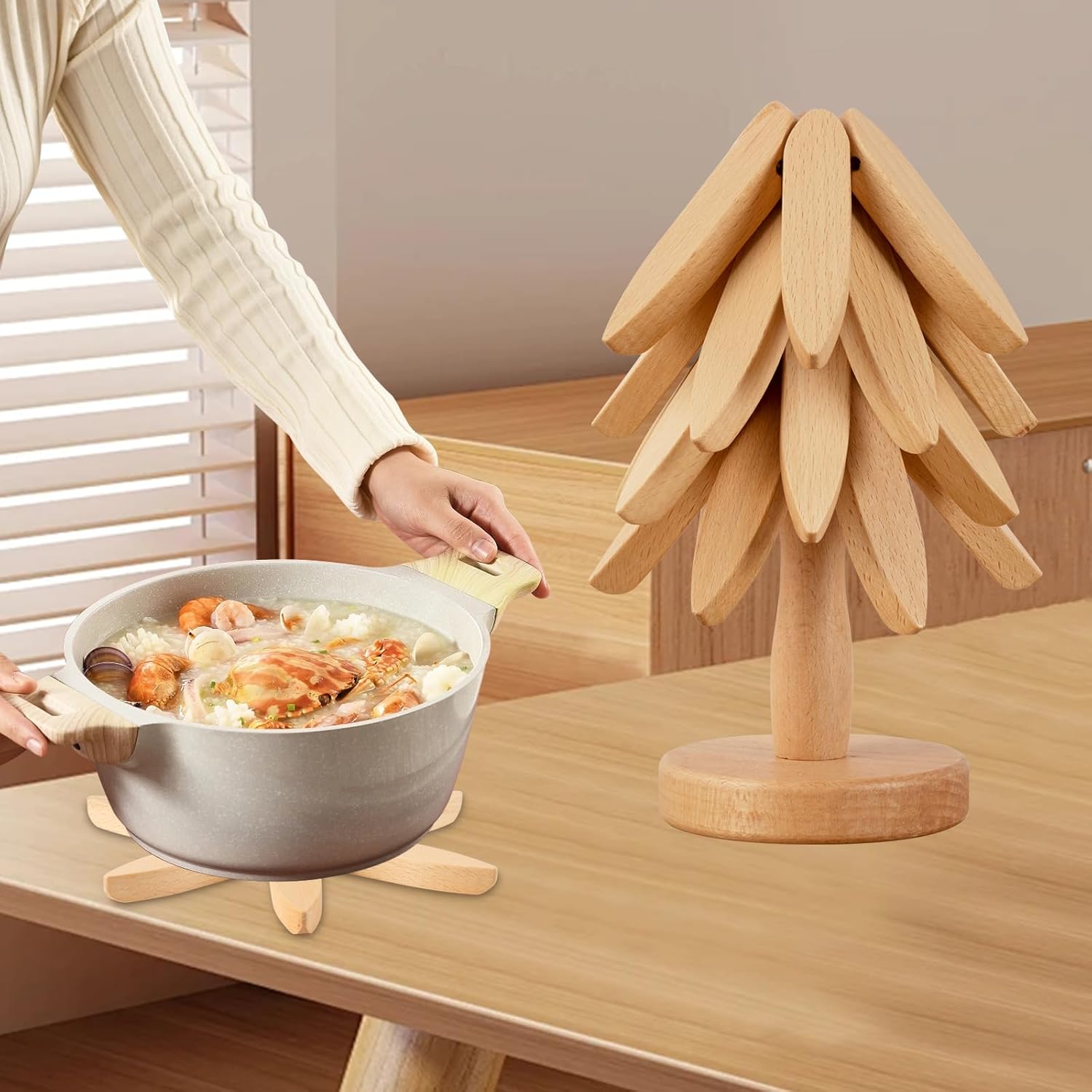 Vertdens Wooden Trivets for Hot Dishes， Hot Dish Coaster with Tree-Shaped Wood Collapsible Hot Pad Trivet Tree for Restaurant，4 Wooden Trivet + 1 Stand（Walnut Wood）