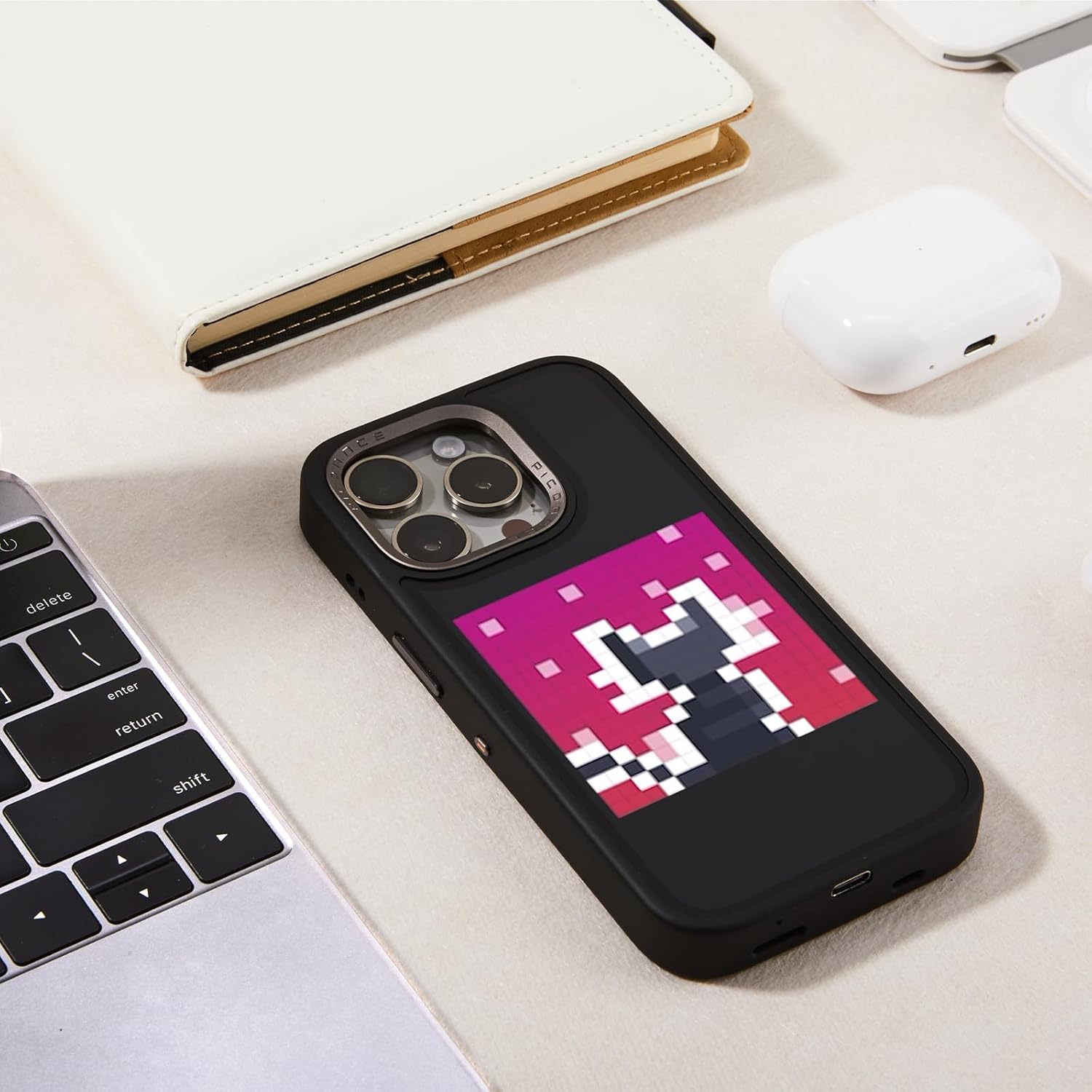 Smart LED Art Display Phone Case for iPhone 15 Pro Case, DIY Graffiti GIF Animation Image Text Programmable 16x16 LED Screen with APP Control Black