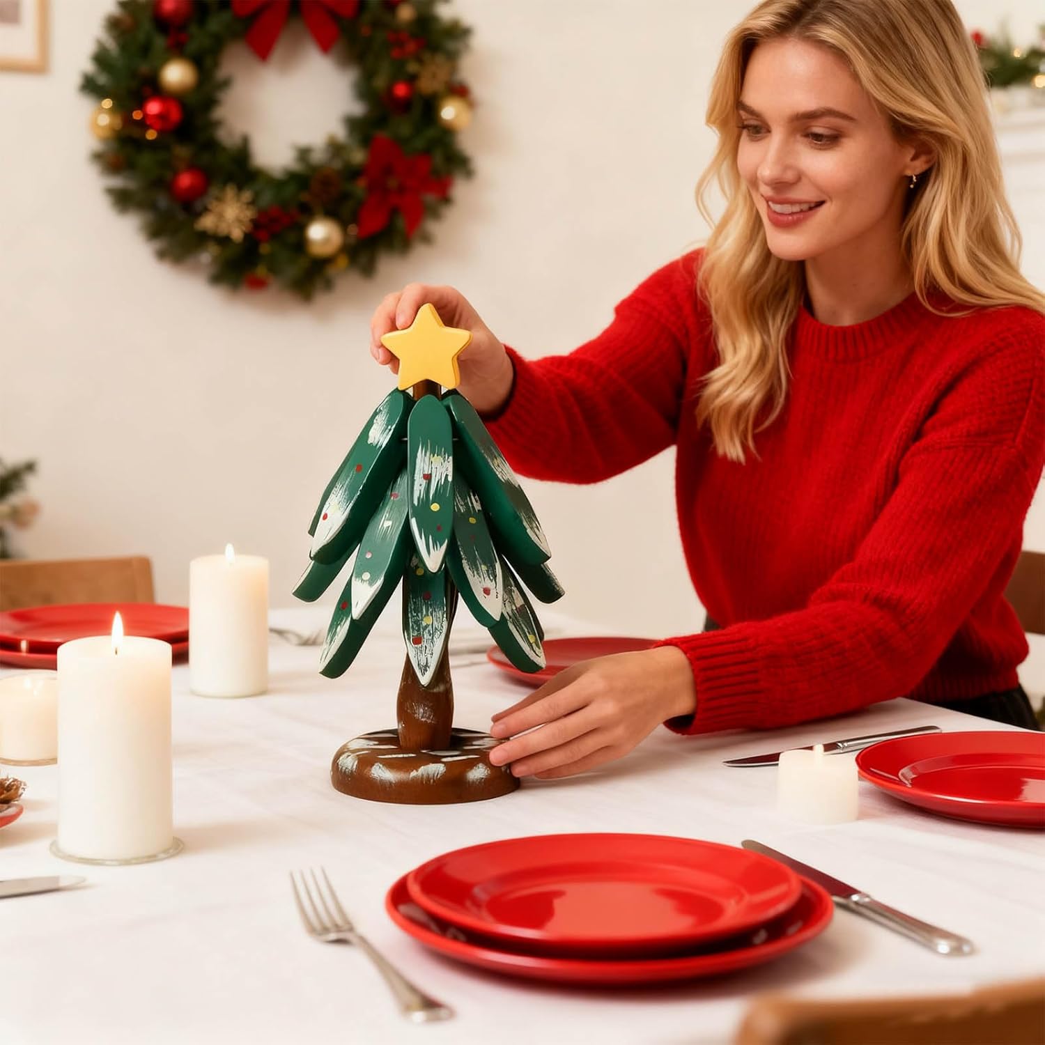 Premium Wooden Christmas Tree Trivet Set for Hot Dishes - Heat Resistant Table Pad, Decorative Coaster for Holiday Dining, Easy to Clean & Stackable Storage (Leaf-Shaped Round)