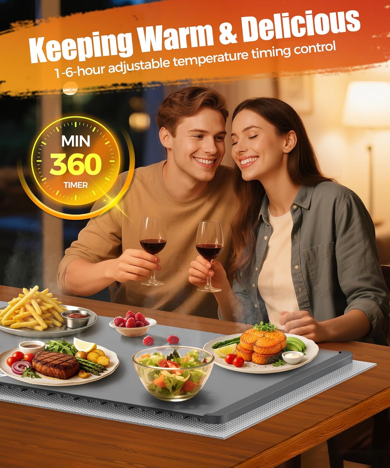 Extra Large Food Warming Mat with Heat-Resistant Pad, 36X15 Inch, 6 Temperature & 6 Timer Settings, Child Lock Safety, Fits More Dishes for Family Dinners and Parties