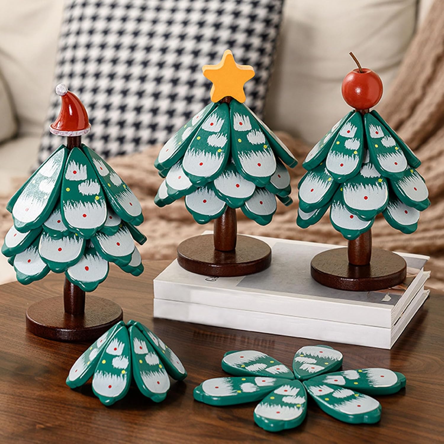 Christmas Tree Coaster Set with Stand, Green Snowman Design, Decorative Insulation Pads, Holiday Theme Home Decor (Green Christmas Tree with Four Layers of Apples)