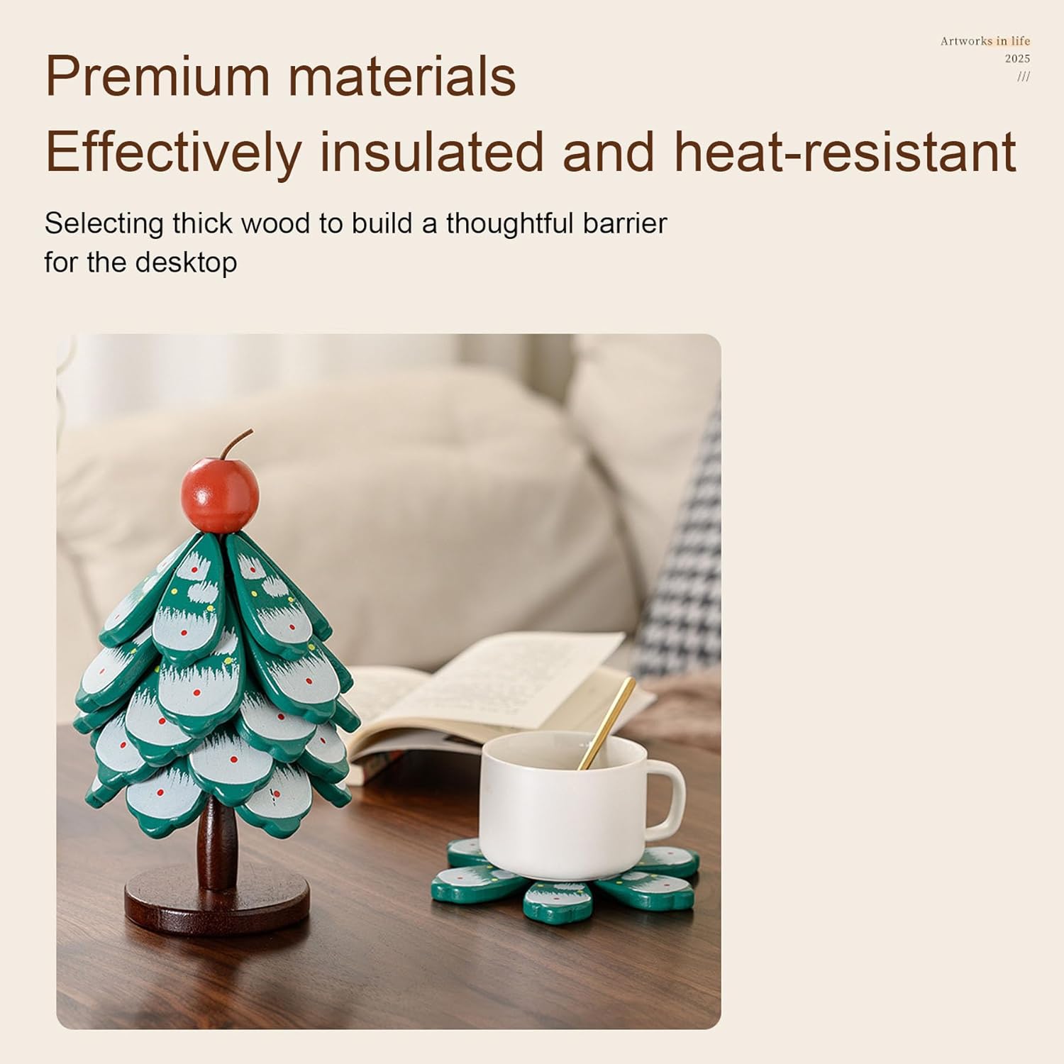 Christmas Tree Coaster Set with Stand, Green Snowman Design, Decorative Insulation Pads, Holiday Theme Home Decor (Green Christmas Tree with Four Layers of Apples)