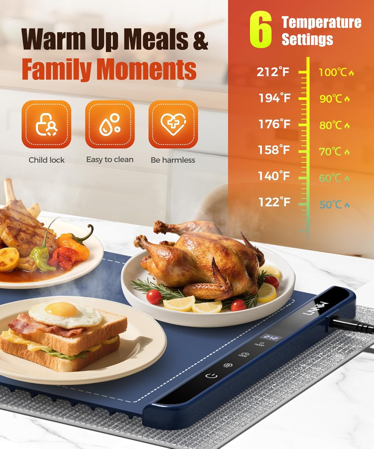 Extra Large Food Warming Mat with Heat-Resistant Pad, 36X15 Inch, 6 Temperature & 6 Timer Settings, Child Lock Safety, Fits More Dishes for Family Dinners and Parties