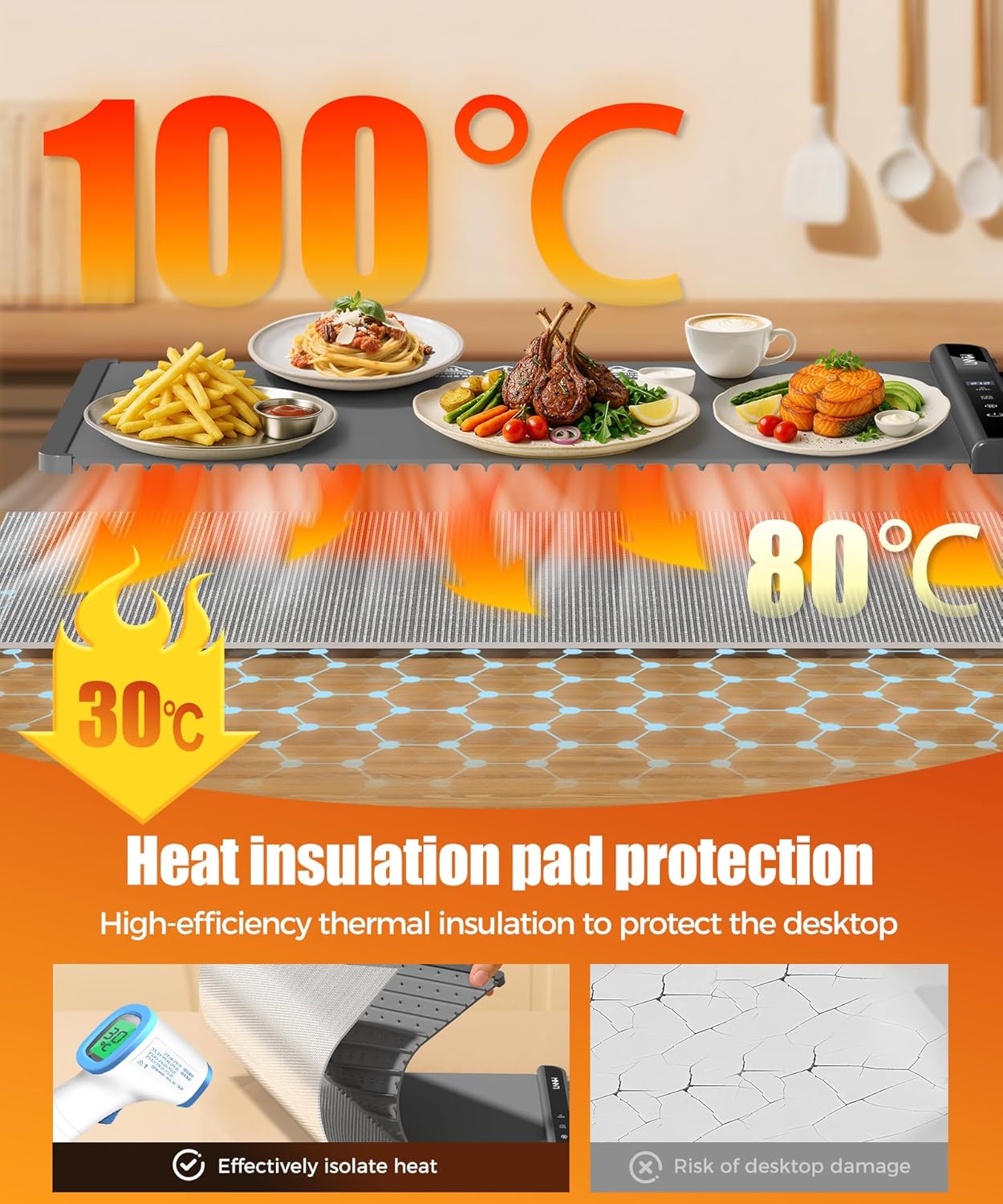 Extra Large Food Warming Mat with Heat-Resistant Pad, 36X15 Inch, 6 Temperature & 6 Timer Settings, Child Lock Safety, Fits More Dishes for Family Dinners and Parties