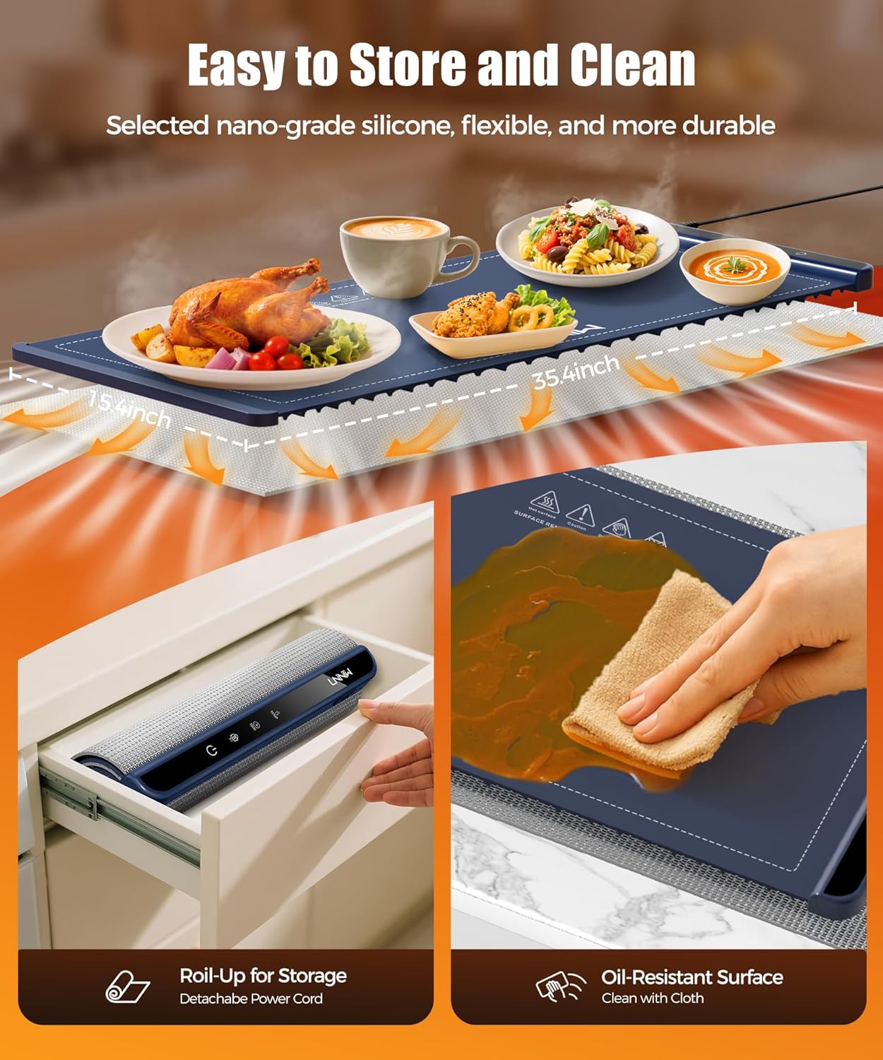 Extra Large Food Warming Mat with Heat-Resistant Pad, 36X15 Inch, 6 Temperature & 6 Timer Settings, Child Lock Safety, Fits More Dishes for Family Dinners and Parties