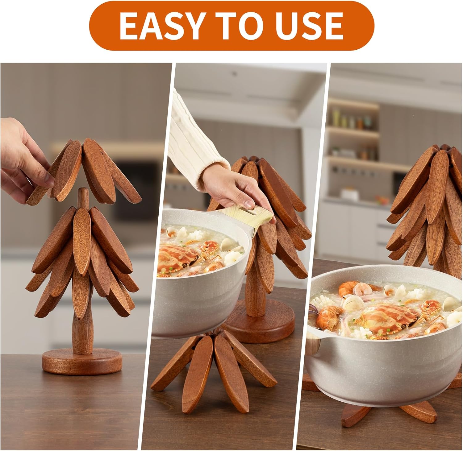 Vertdens Wooden Trivets for Hot Dishes， Hot Dish Coaster with Tree-Shaped Wood Collapsible Hot Pad Trivet Tree for Restaurant，4 Wooden Trivet + 1 Stand（Walnut Wood）