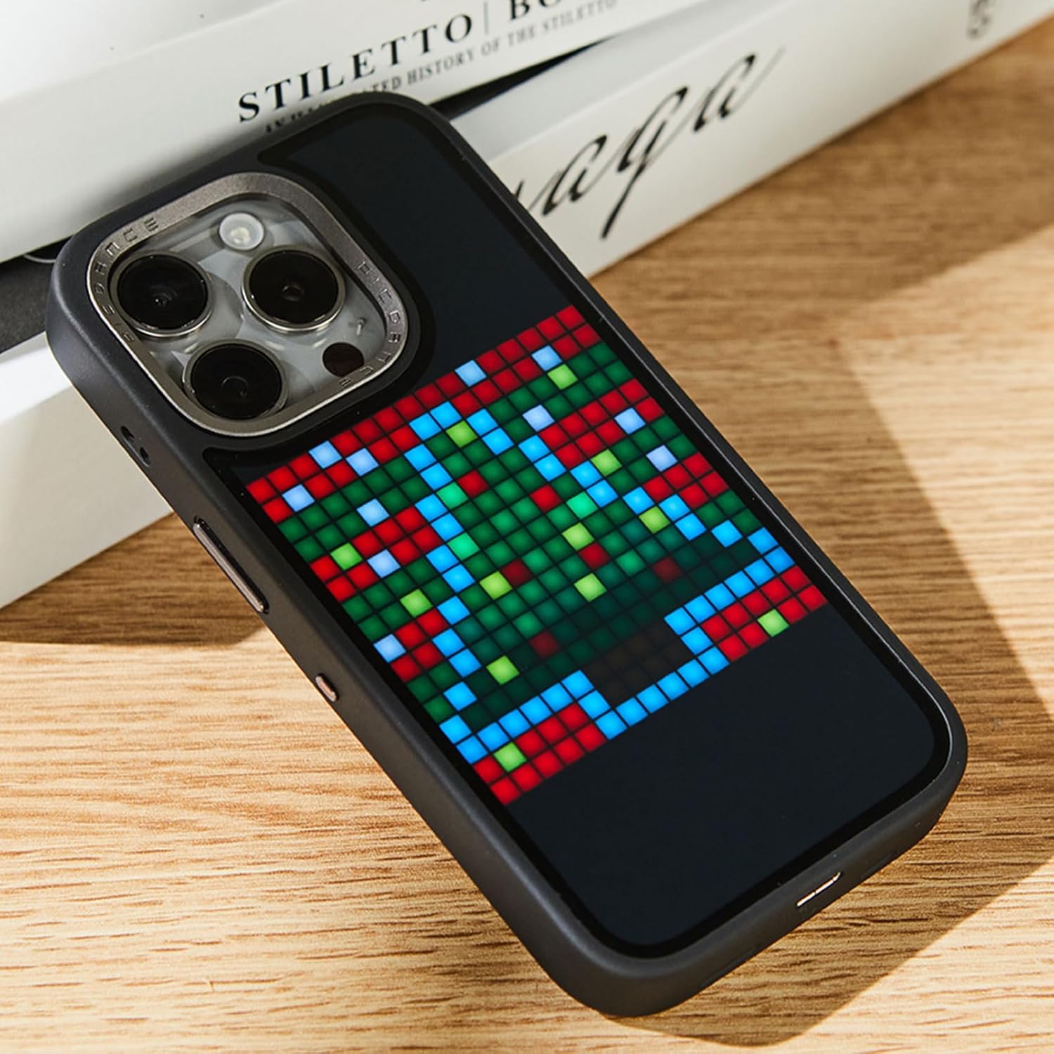 Smart LED Art Display Phone Case for iPhone 15 Pro Case, DIY Graffiti GIF Animation Image Text Programmable 16x16 LED Screen with APP Control Black