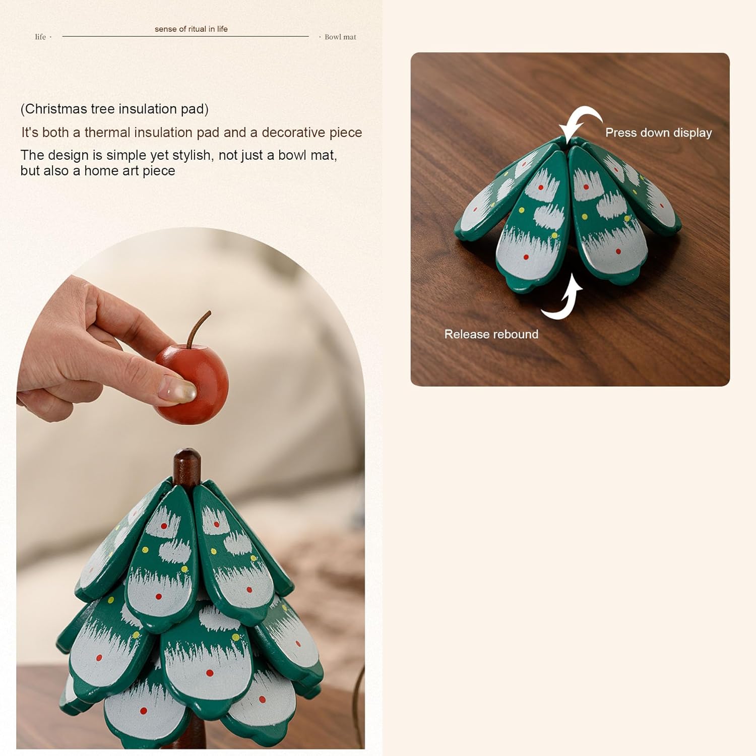 Christmas Tree Coaster Set with Stand, Green Snowman Design, Decorative Insulation Pads, Holiday Theme Home Decor (Green Christmas Tree with Four Layers of Apples)