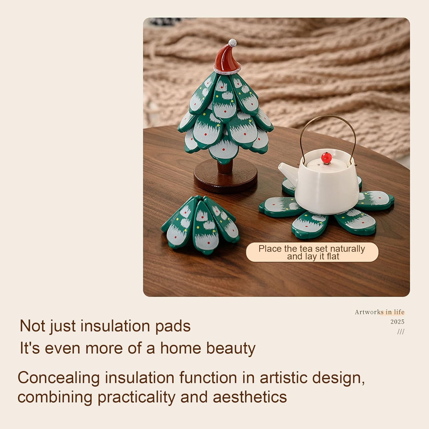 Christmas Tree Coaster Set with Stand, Green Snowman Design, Decorative Insulation Pads, Holiday Theme Home Decor (Green Christmas Tree with Four Layers of Apples)