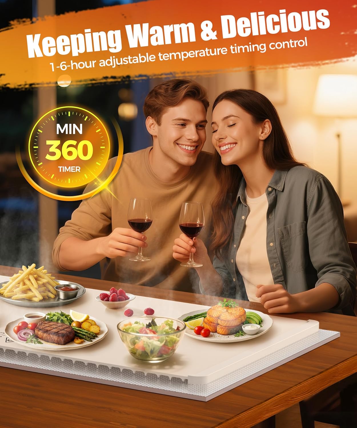 Extra Large Food Warming Mat with Heat-Resistant Pad, 36X15 Inch, 6 Temperature & 6 Timer Settings, Child Lock Safety, Fits More Dishes for Family Dinners and Parties