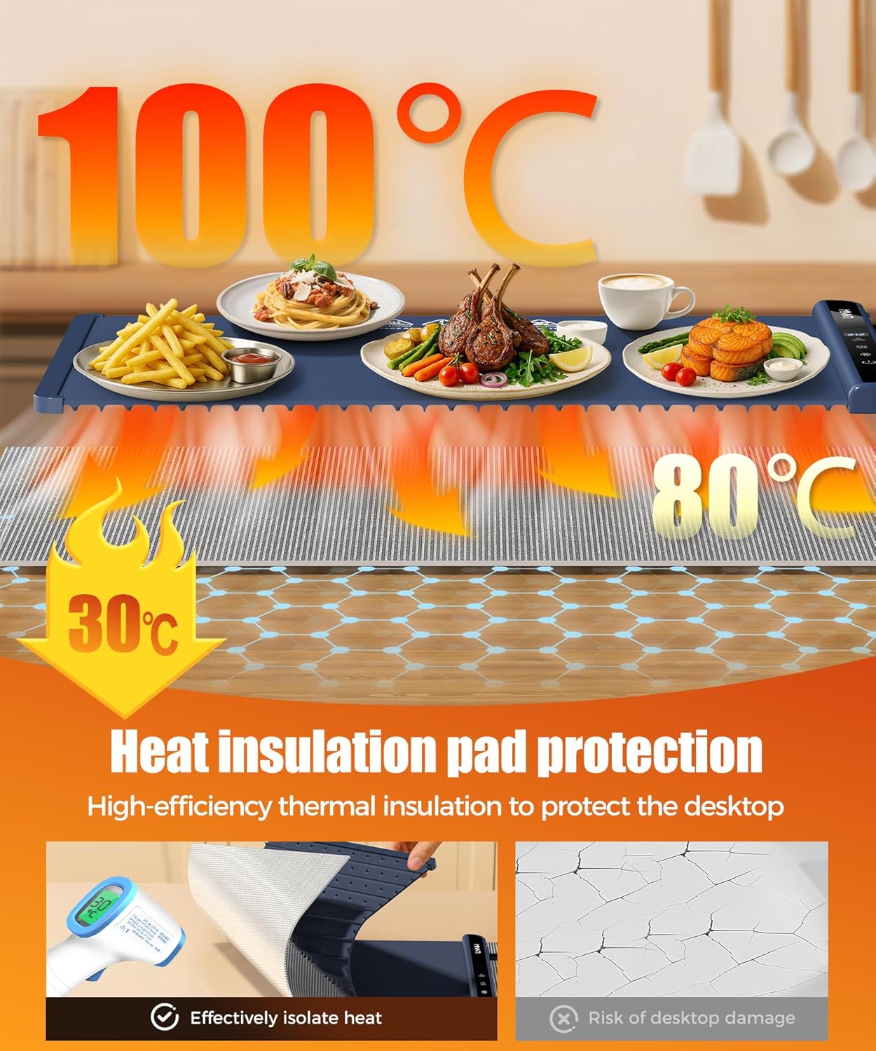 Extra Large Food Warming Mat with Heat-Resistant Pad, 36X15 Inch, 6 Temperature & 6 Timer Settings, Child Lock Safety, Fits More Dishes for Family Dinners and Parties