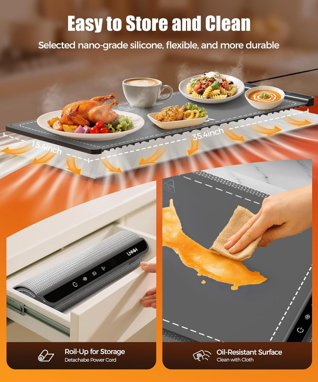 Extra Large Food Warming Mat with Heat-Resistant Pad, 36X15 Inch, 6 Temperature & 6 Timer Settings, Child Lock Safety, Fits More Dishes for Family Dinners and Parties