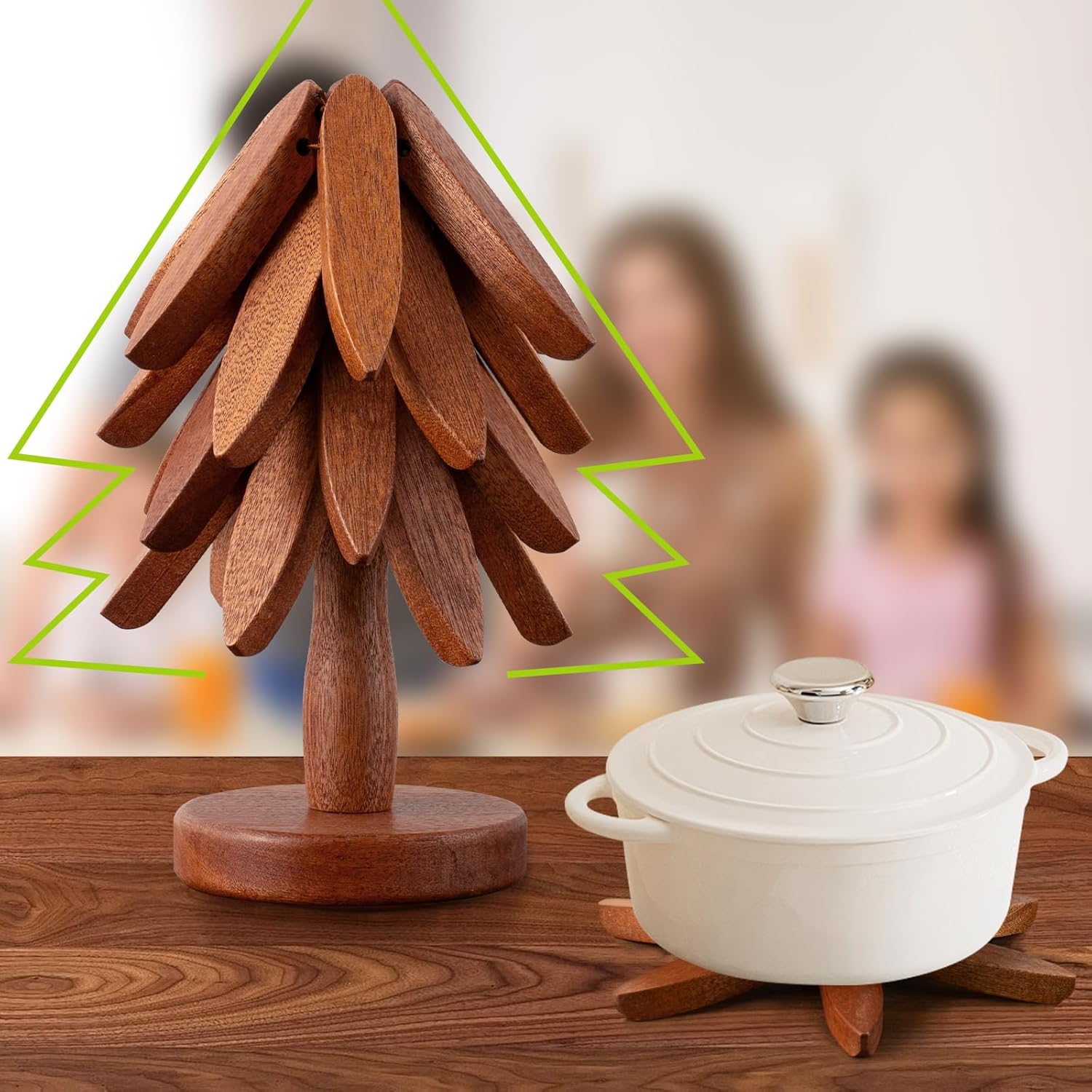 Vertdens Wooden Trivets for Hot Dishes， Hot Dish Coaster with Tree-Shaped Wood Collapsible Hot Pad Trivet Tree for Restaurant，4 Wooden Trivet + 1 Stand（Walnut Wood）
