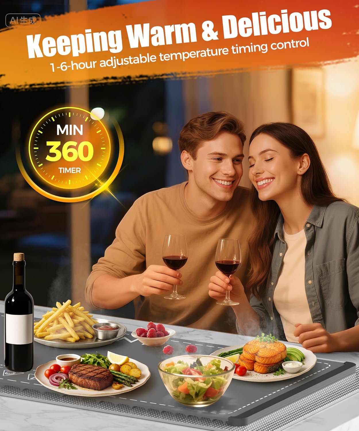 Extra Large Food Warming Mat with Heat-Resistant Pad, 36X15 Inch, 6 Temperature & 6 Timer Settings, Child Lock Safety, Fits More Dishes for Family Dinners and Parties