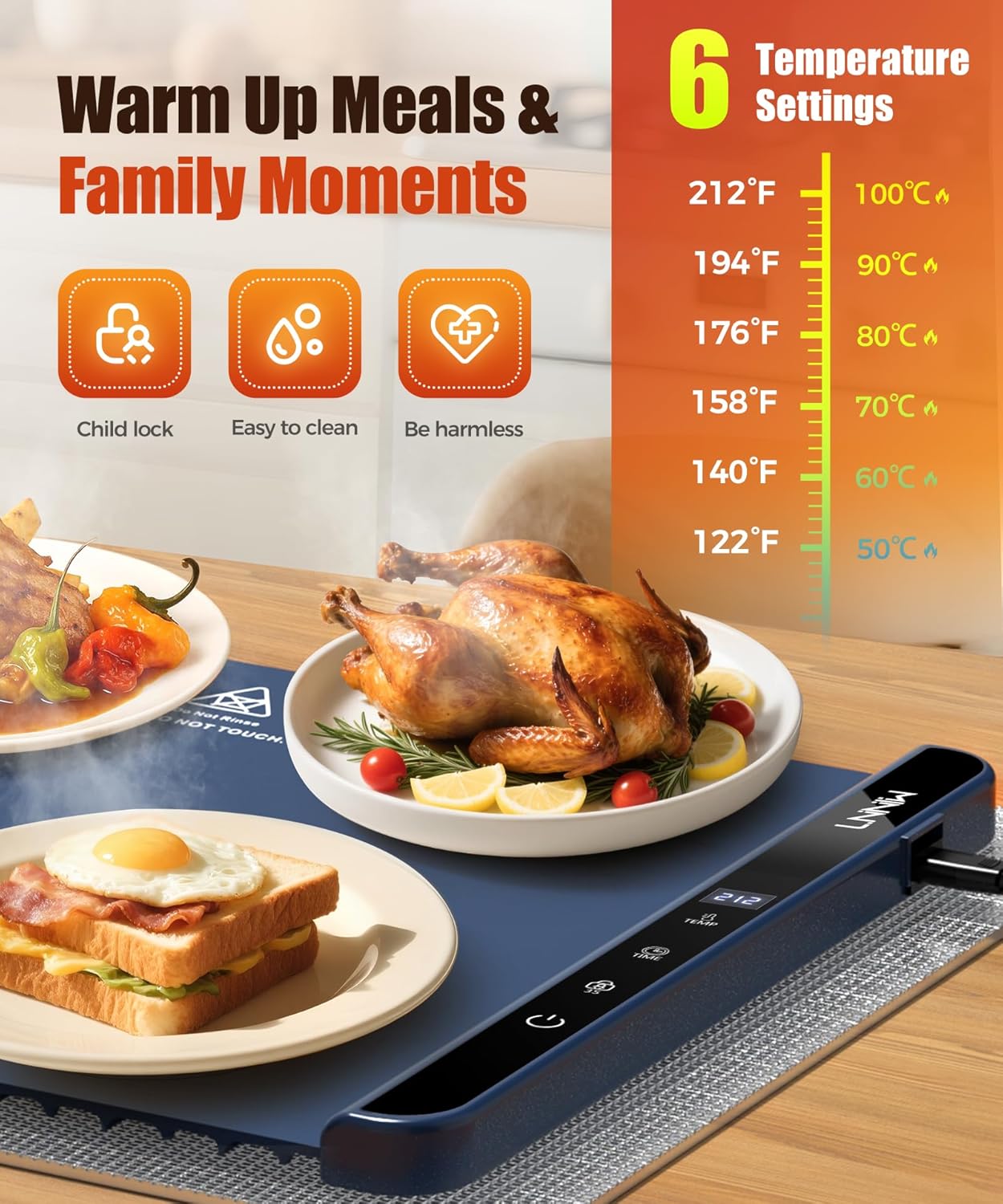 Extra Large Food Warming Mat with Heat-Resistant Pad, 36X15 Inch, 6 Temperature & 6 Timer Settings, Child Lock Safety, Fits More Dishes for Family Dinners and Parties