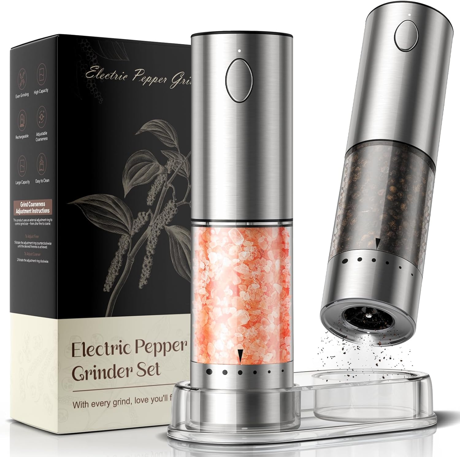 Electric Salt and Pepper Grinder Set Automatic Battery Pepper Mill Shakers Adjustable Coarseness Upgraded Larger Capacity with Led Home and Kitchen Appliances Christmas Gifts for Women