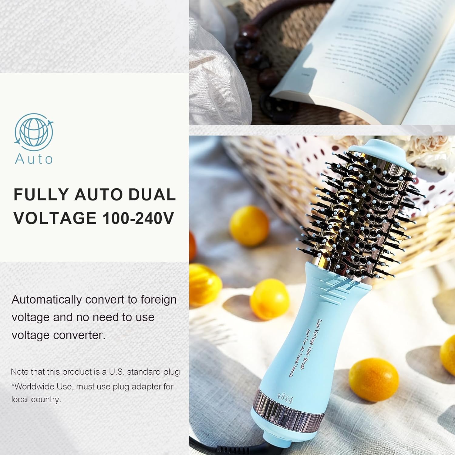 4-in-1 Travel Dual Voltage Hair Dryer Brush Blow Dryer Brush,Portable 2 inch Mini Hot Air Brush,Travel Hair Styler/Volumizer/Straightener/Curler,110-240V European Blow Dry Brush with EU&UK Plug