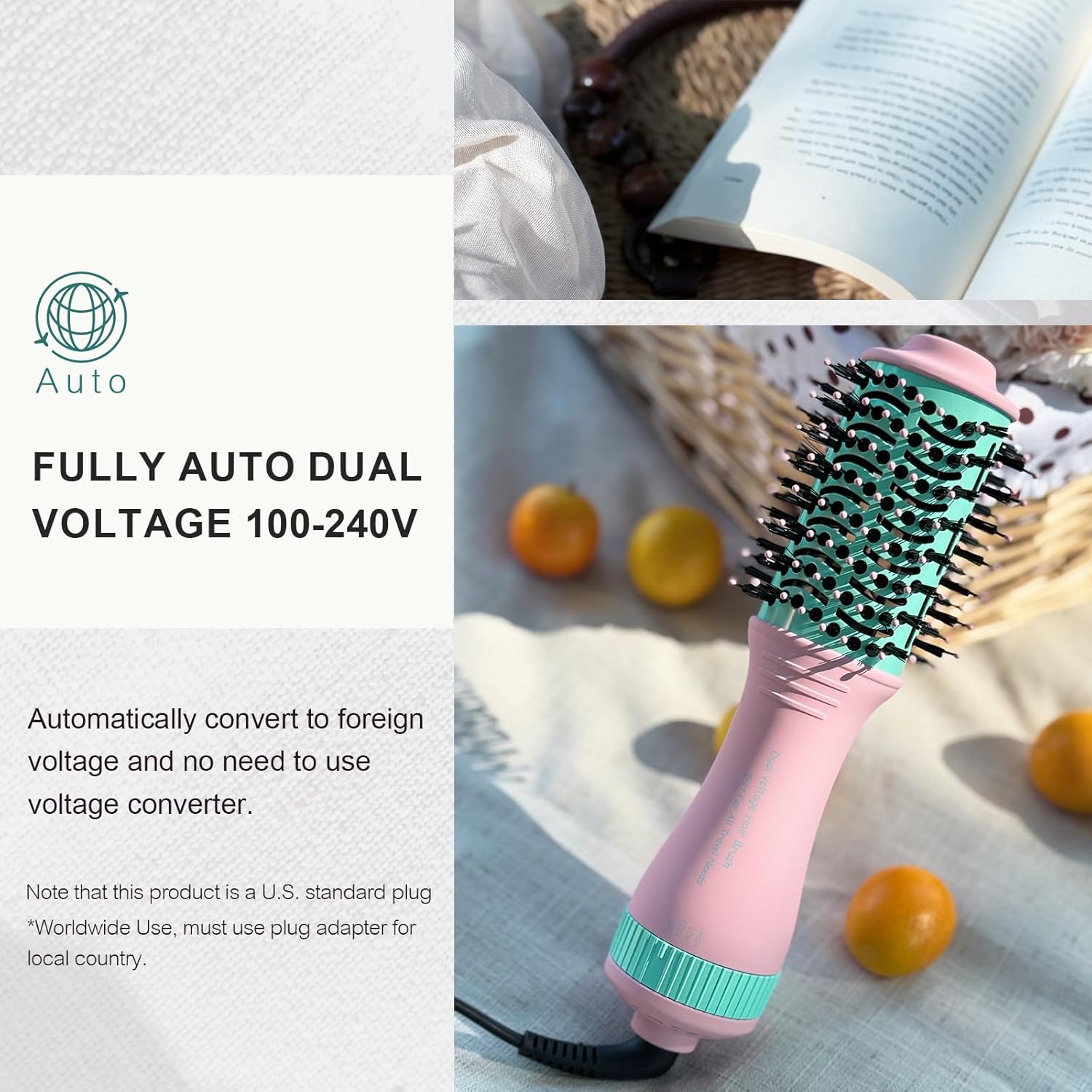 4-in-1 Travel Dual Voltage Hair Dryer Brush Blow Dryer Brush,Portable 2 inch Mini Hot Air Brush,Travel Hair Styler/Volumizer/Straightener/Curler,110-240V European Blow Dry Brush with EU&UK Plug