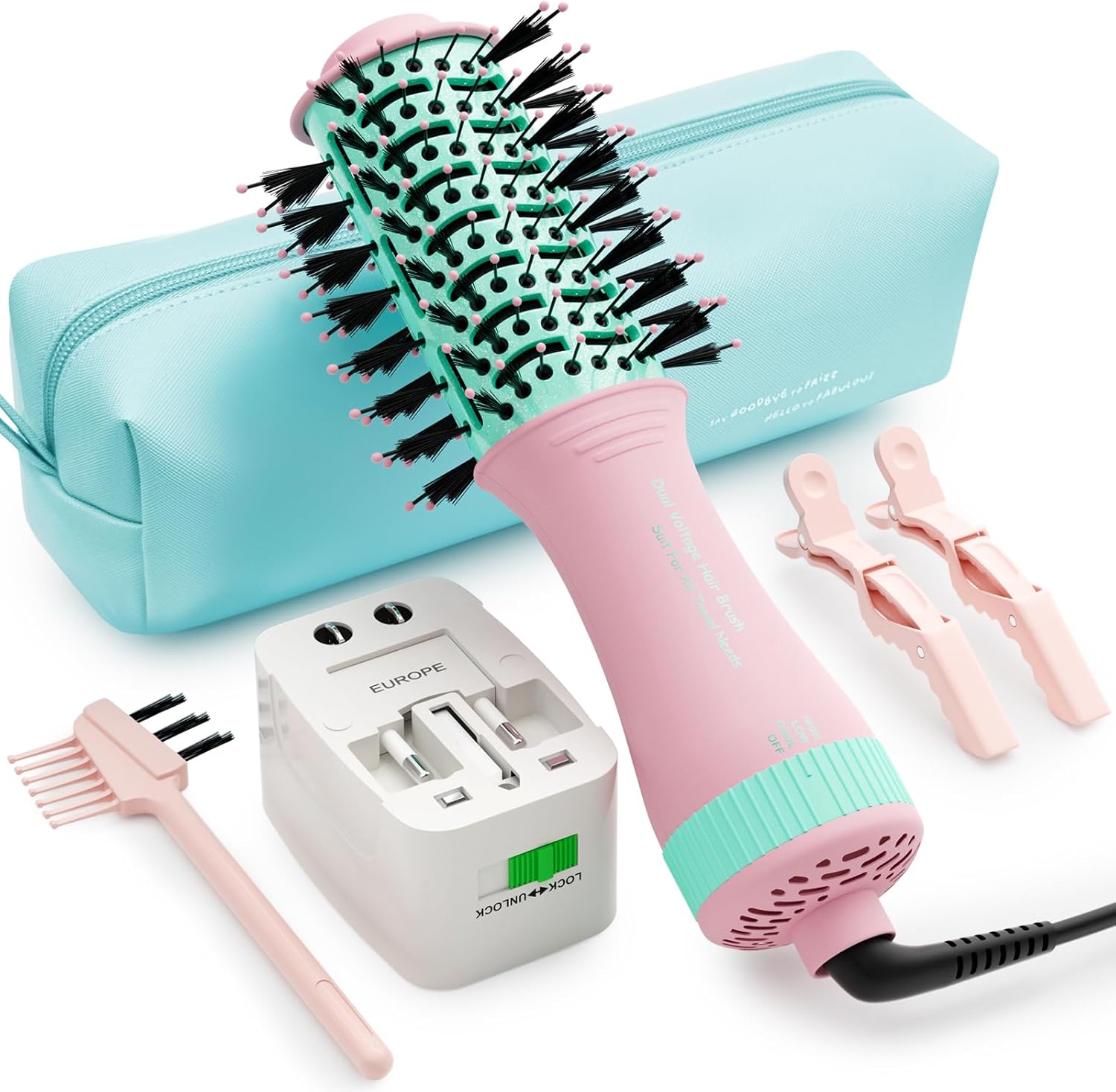 4-in-1 Travel Dual Voltage Hair Dryer Brush Blow Dryer Brush,Portable 2 inch Mini Hot Air Brush,Travel Hair Styler/Volumizer/Straightener/Curler,110-240V European Blow Dry Brush with EU&UK Plug
