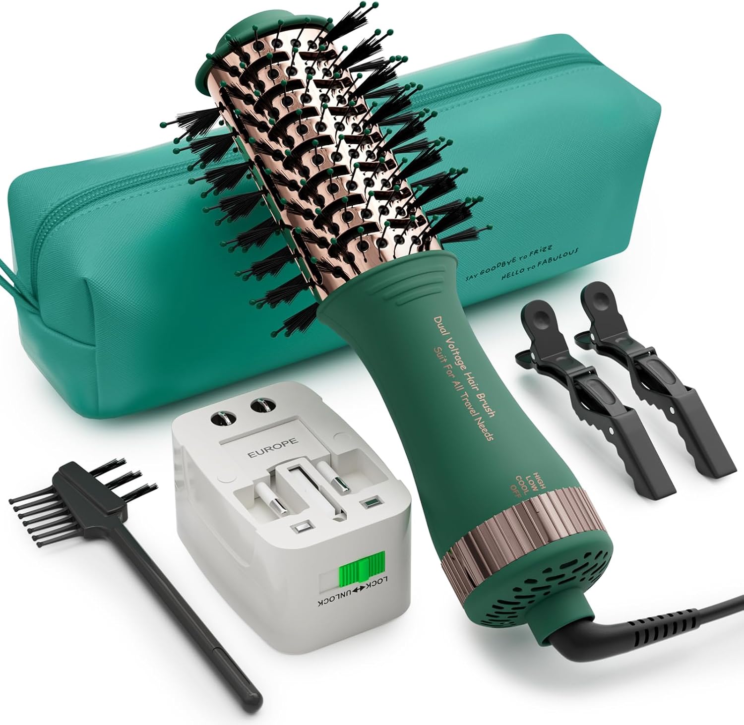 4-in-1 Travel Dual Voltage Hair Dryer Brush Blow Dryer Brush,Portable 2 inch Mini Hot Air Brush,Travel Hair Styler/Volumizer/Straightener/Curler,110-240V European Blow Dry Brush with EU&UK Plug