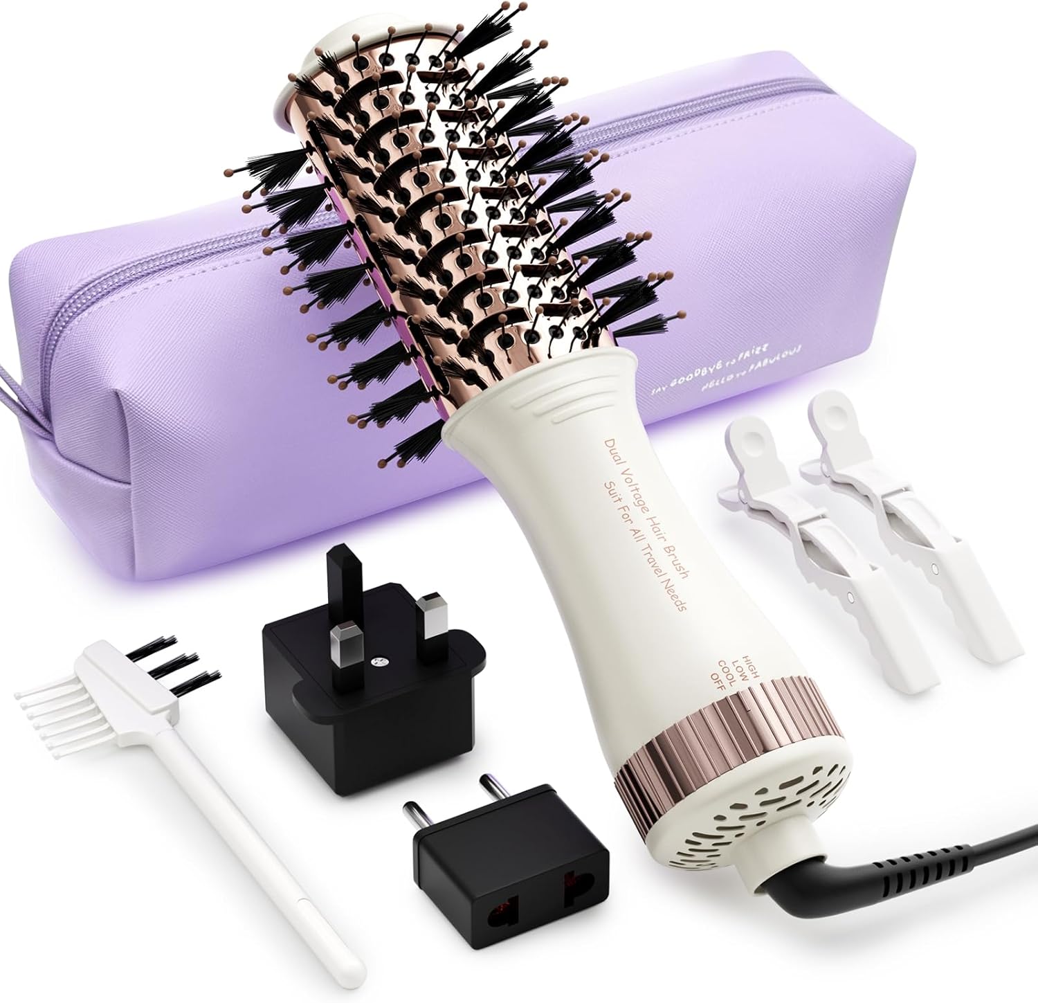 4-in-1 Travel Dual Voltage Hair Dryer Brush Blow Dryer Brush,Portable 2 inch Mini Hot Air Brush,Travel Hair Styler/Volumizer/Straightener/Curler,110-240V European Blow Dry Brush with EU&UK Plug