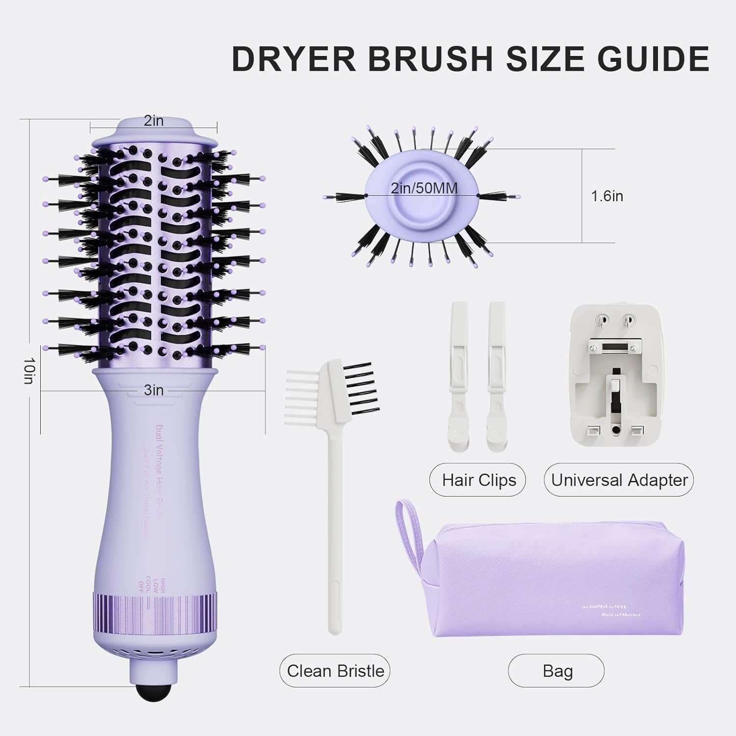 4-in-1 Travel Dual Voltage Hair Dryer Brush Blow Dryer Brush,Portable 2 inch Mini Hot Air Brush,Travel Hair Styler/Volumizer/Straightener/Curler,110-240V European Blow Dry Brush with EU&UK Plug