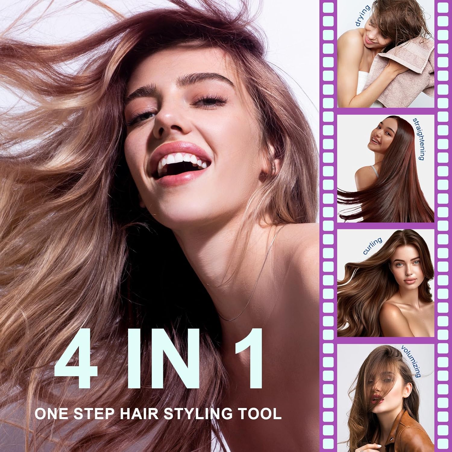 4-in-1 Travel Dual Voltage Hair Dryer Brush Blow Dryer Brush,Portable 2 inch Mini Hot Air Brush,Travel Hair Styler/Volumizer/Straightener/Curler,110-240V European Blow Dry Brush with EU&UK Plug