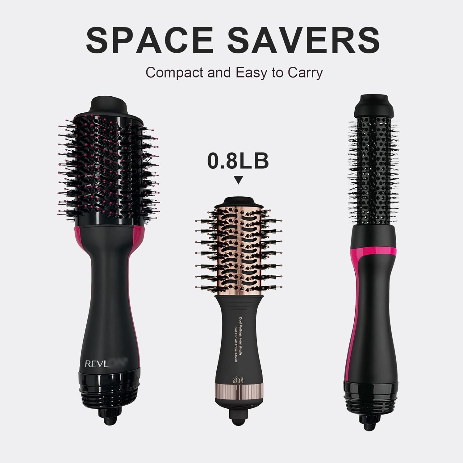 4-in-1 Travel Dual Voltage Hair Dryer Brush Blow Dryer Brush,Portable 2 inch Mini Hot Air Brush,Travel Hair Styler/Volumizer/Straightener/Curler,110-240V European Blow Dry Brush with EU&UK Plug