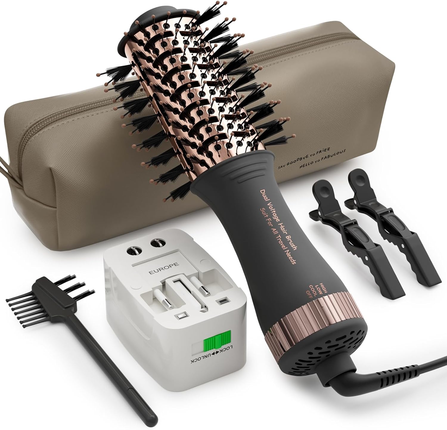 4-in-1 Travel Dual Voltage Hair Dryer Brush Blow Dryer Brush,Portable 2 inch Mini Hot Air Brush,Travel Hair Styler/Volumizer/Straightener/Curler,110-240V European Blow Dry Brush with EU&UK Plug