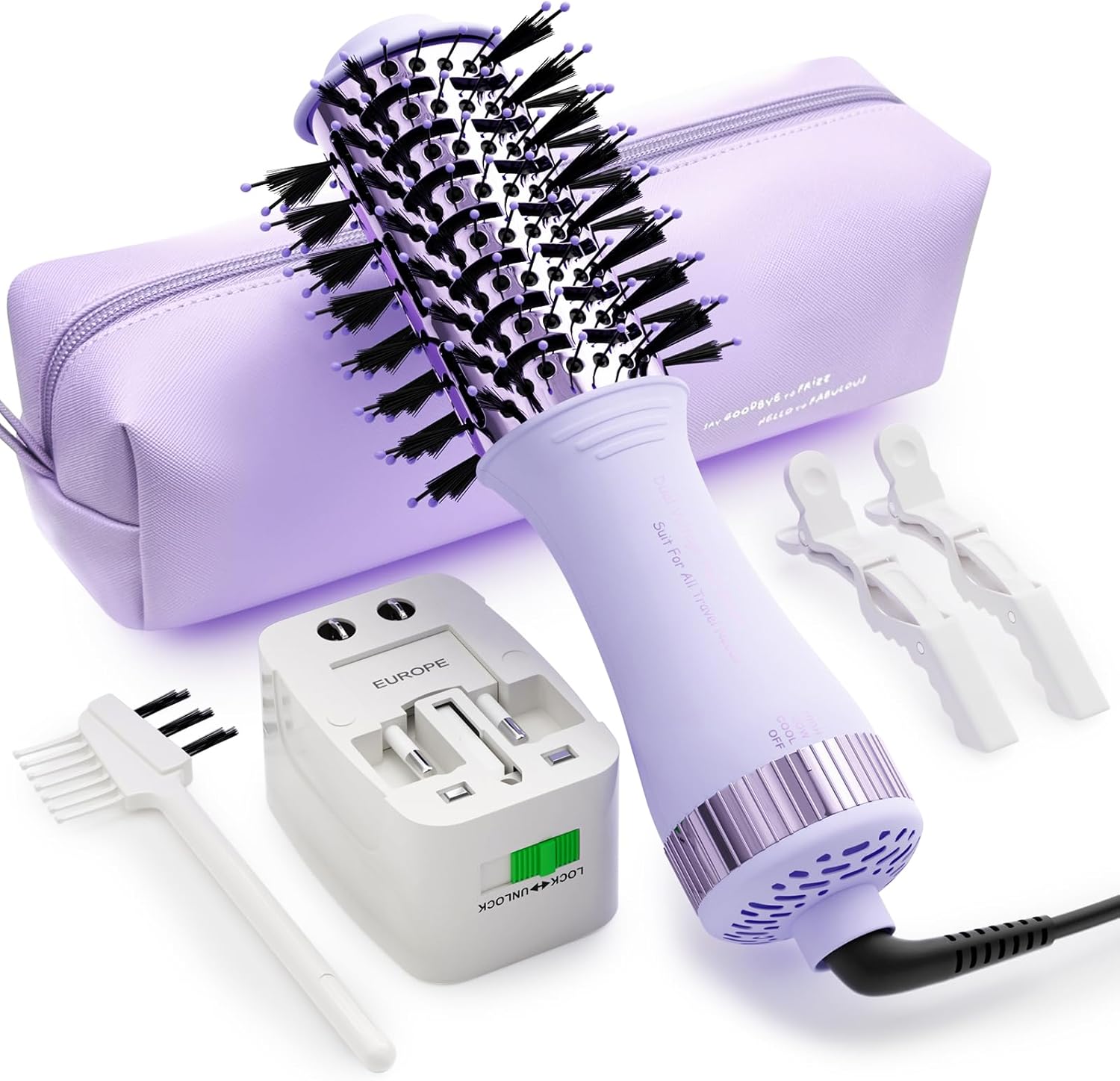 4-in-1 Travel Dual Voltage Hair Dryer Brush Blow Dryer Brush,Portable 2 inch Mini Hot Air Brush,Travel Hair Styler/Volumizer/Straightener/Curler,110-240V European Blow Dry Brush with EU&UK Plug