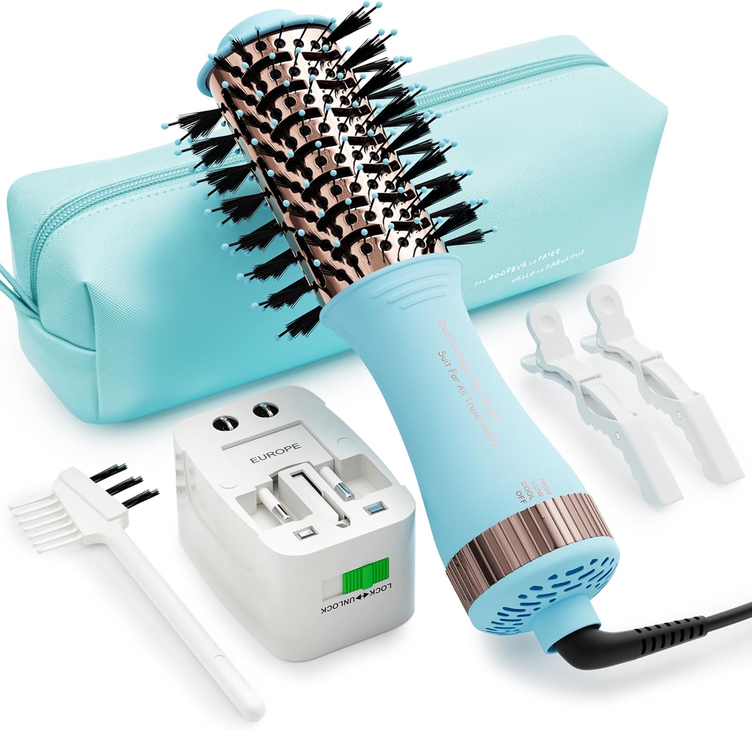 4-in-1 Travel Dual Voltage Hair Dryer Brush Blow Dryer Brush,Portable 2 inch Mini Hot Air Brush,Travel Hair Styler/Volumizer/Straightener/Curler,110-240V European Blow Dry Brush with EU&UK Plug