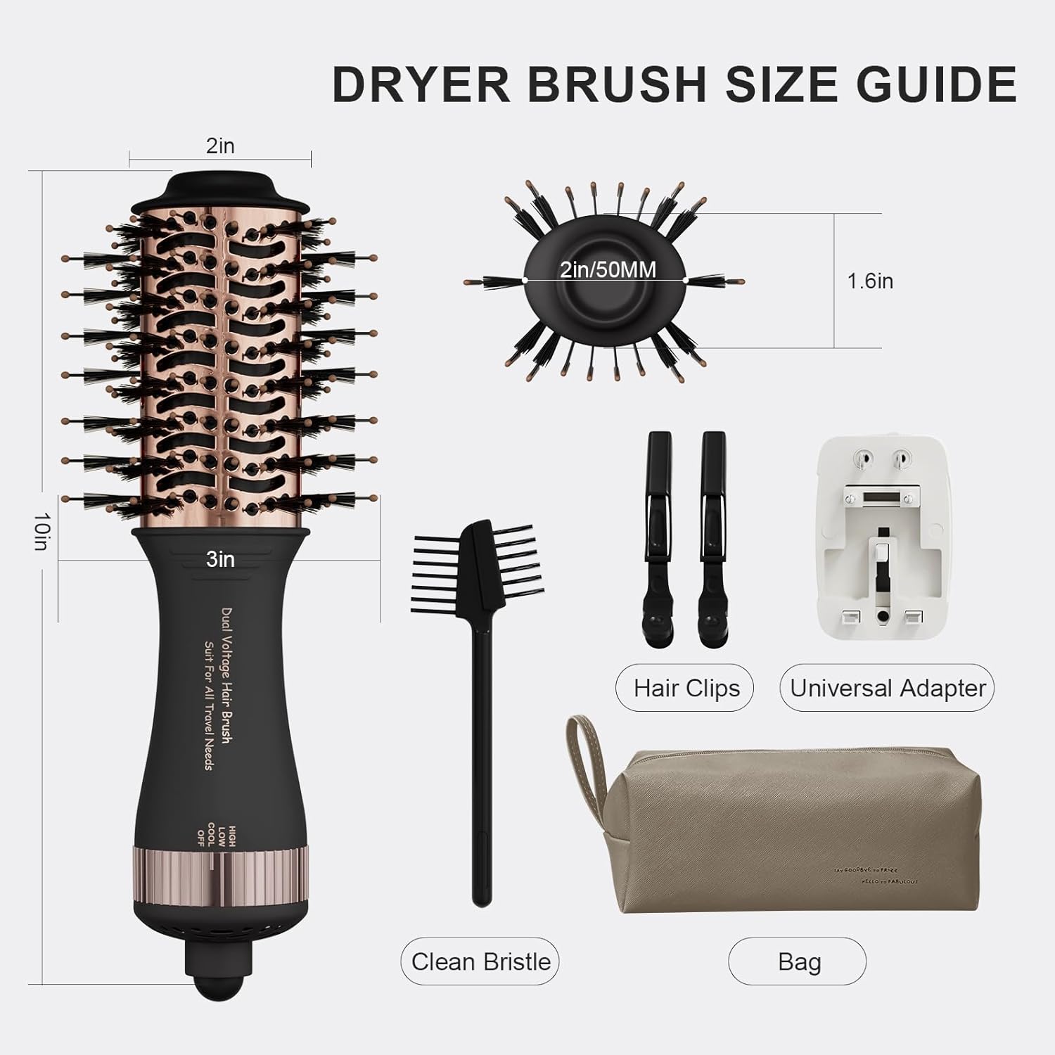 4-in-1 Travel Dual Voltage Hair Dryer Brush Blow Dryer Brush,Portable 2 inch Mini Hot Air Brush,Travel Hair Styler/Volumizer/Straightener/Curler,110-240V European Blow Dry Brush with EU&UK Plug